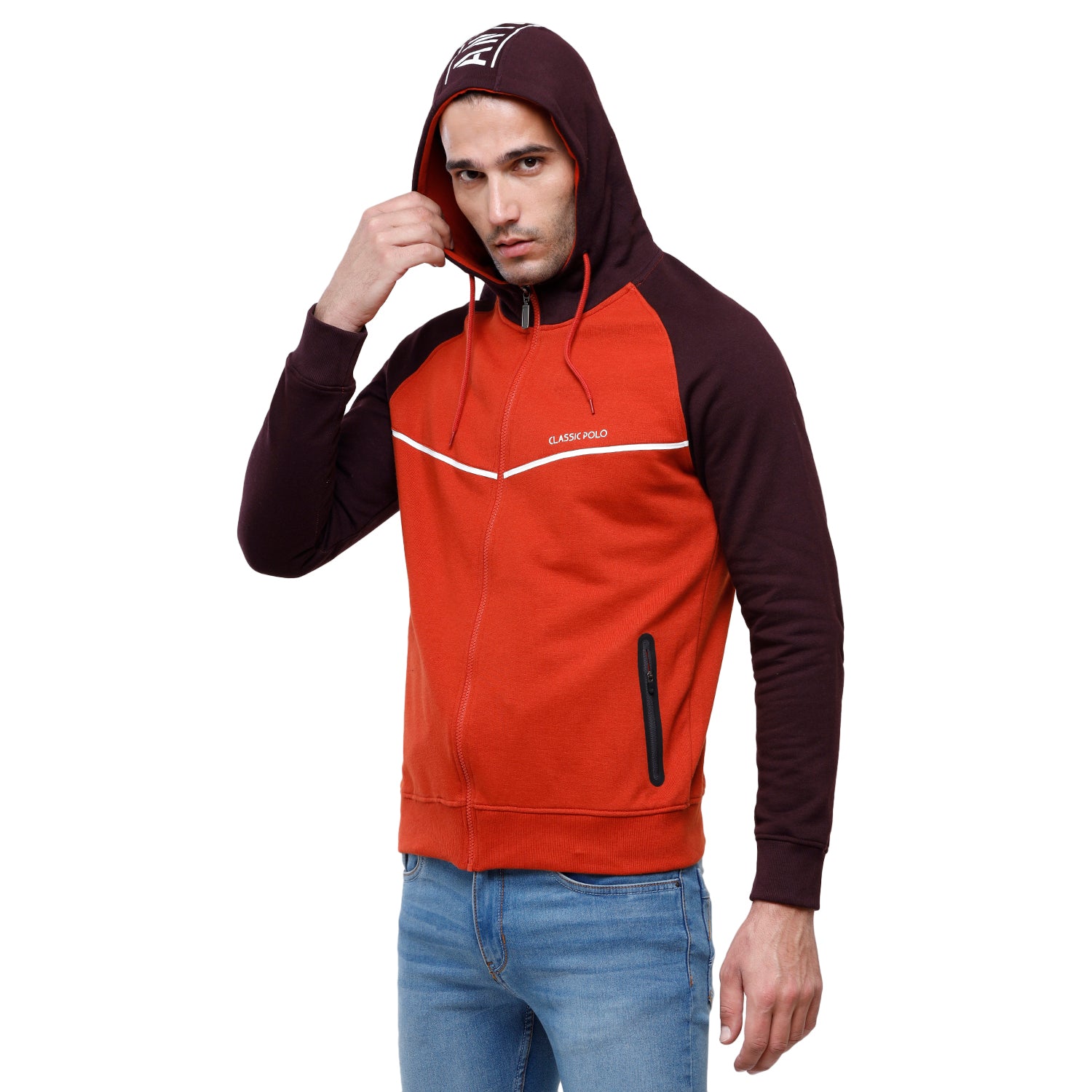 Classic Polo Men's Color Block Full Sleeve Red & Black Hooded Sweat Shirt - CPSS-331B Sweat Shirts Classic Polo 