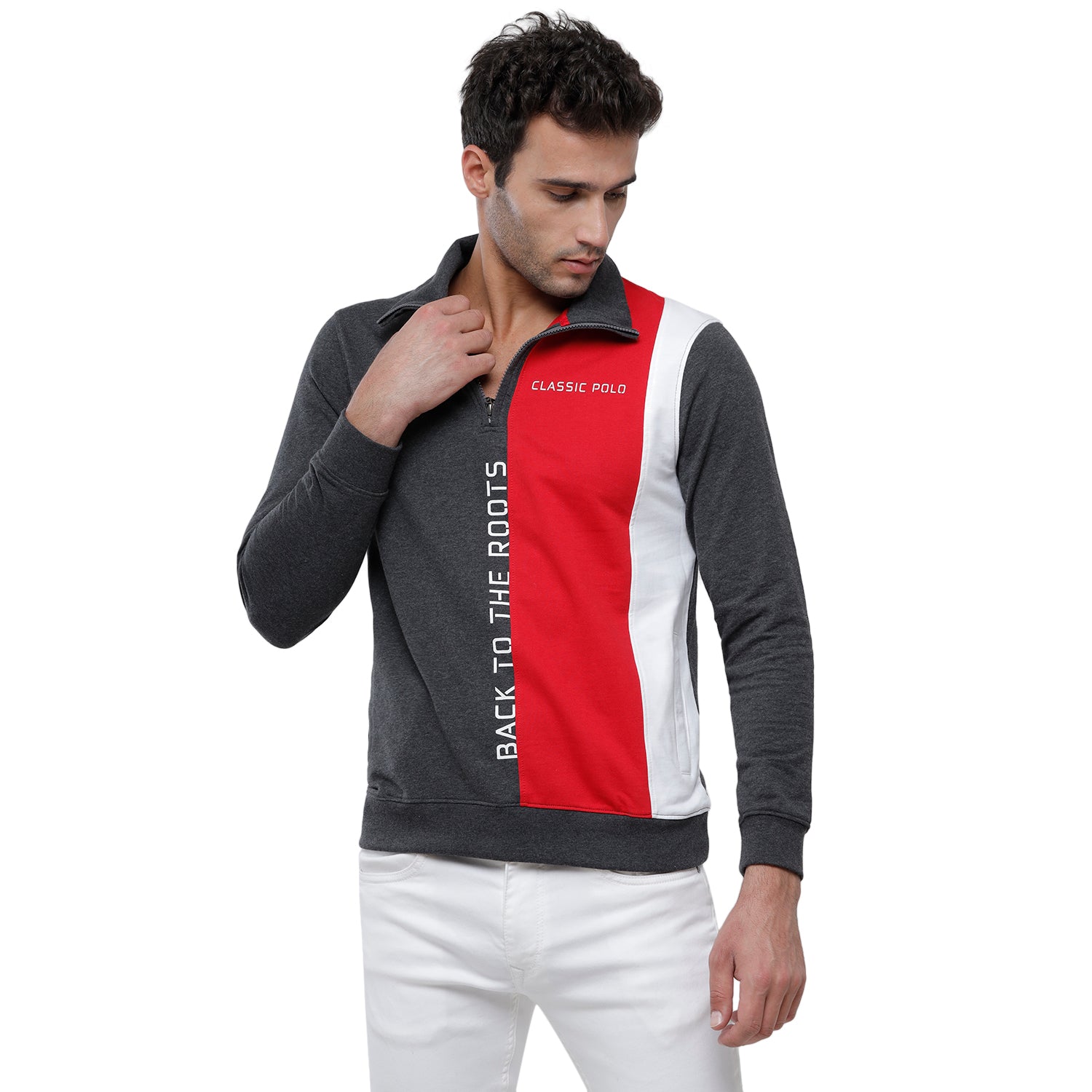 Classic Polo Men's Color Block Full Sleeve Red & Grey Polo neck Sweat Shirt - CPSS-331A Sweat Shirts Classic Polo 