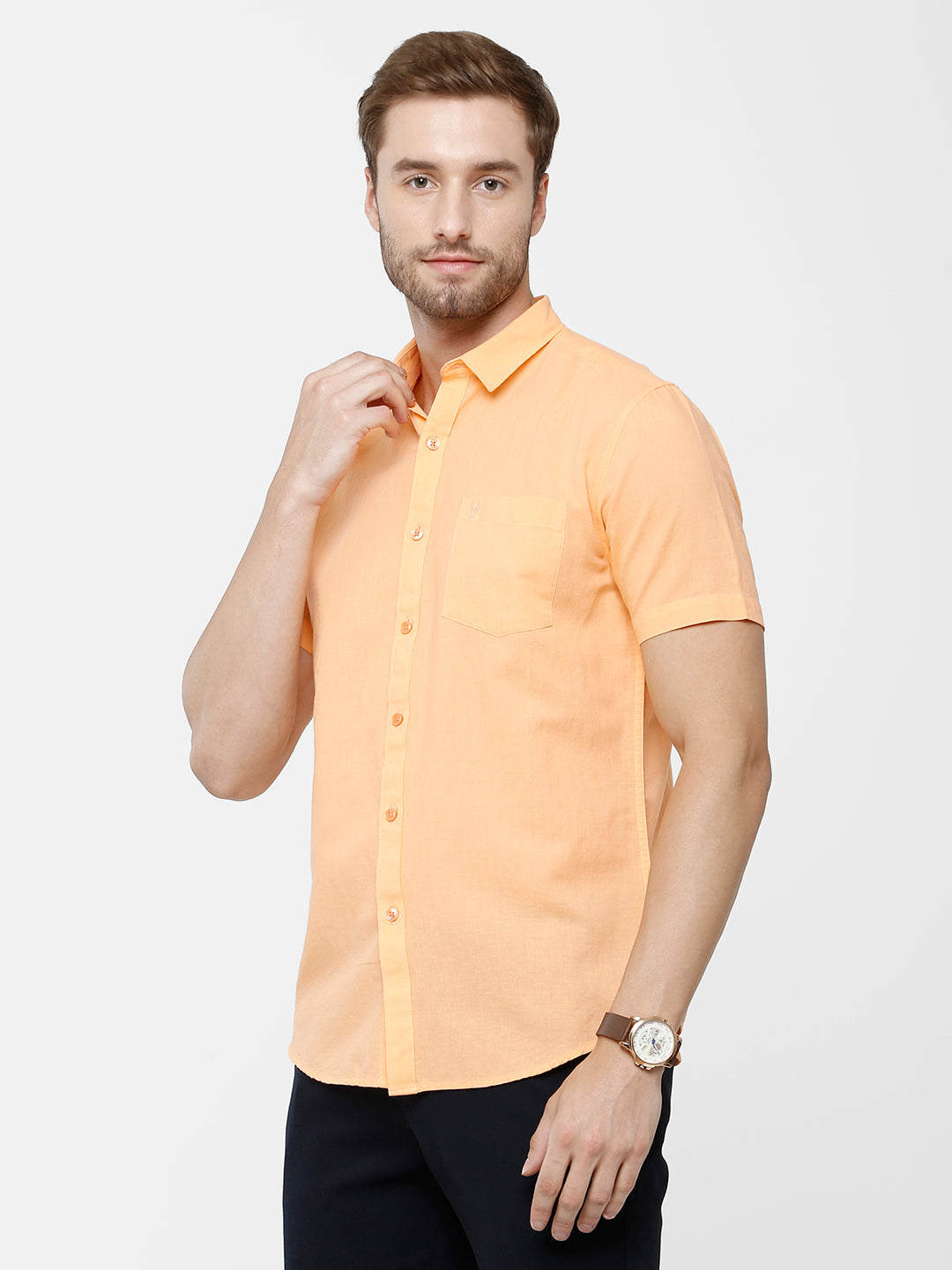 Classic Polo Mens Solid Milano Fit Woven Shirt -Mica Orange Shirts Classic Polo 