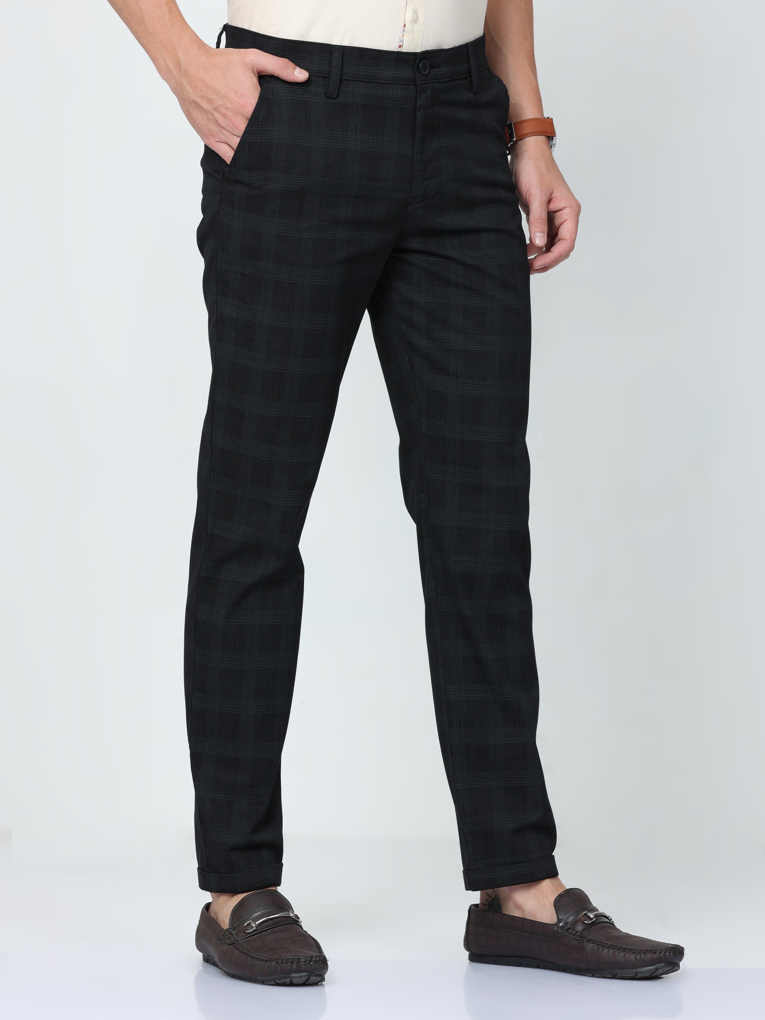 CP BRO Mens Ankle Fit Checked Black Color Trousers | Tbo2-09 B-Blk-Af-Ly
