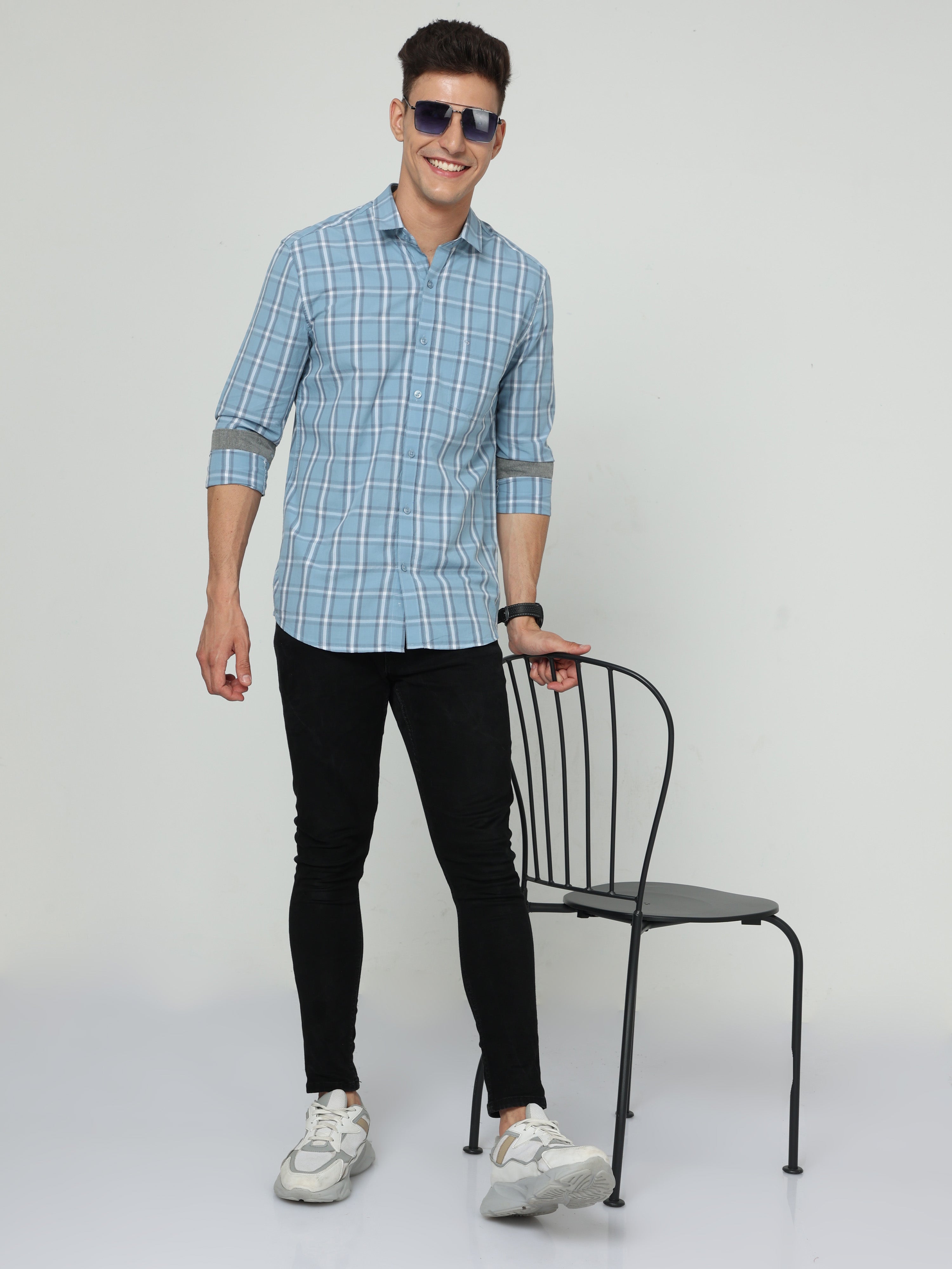 Classic Polo Men's Cotton Full Sleeve Checked Slim Fit Polo Neck Blue Color Woven Shirt | So1-106 A