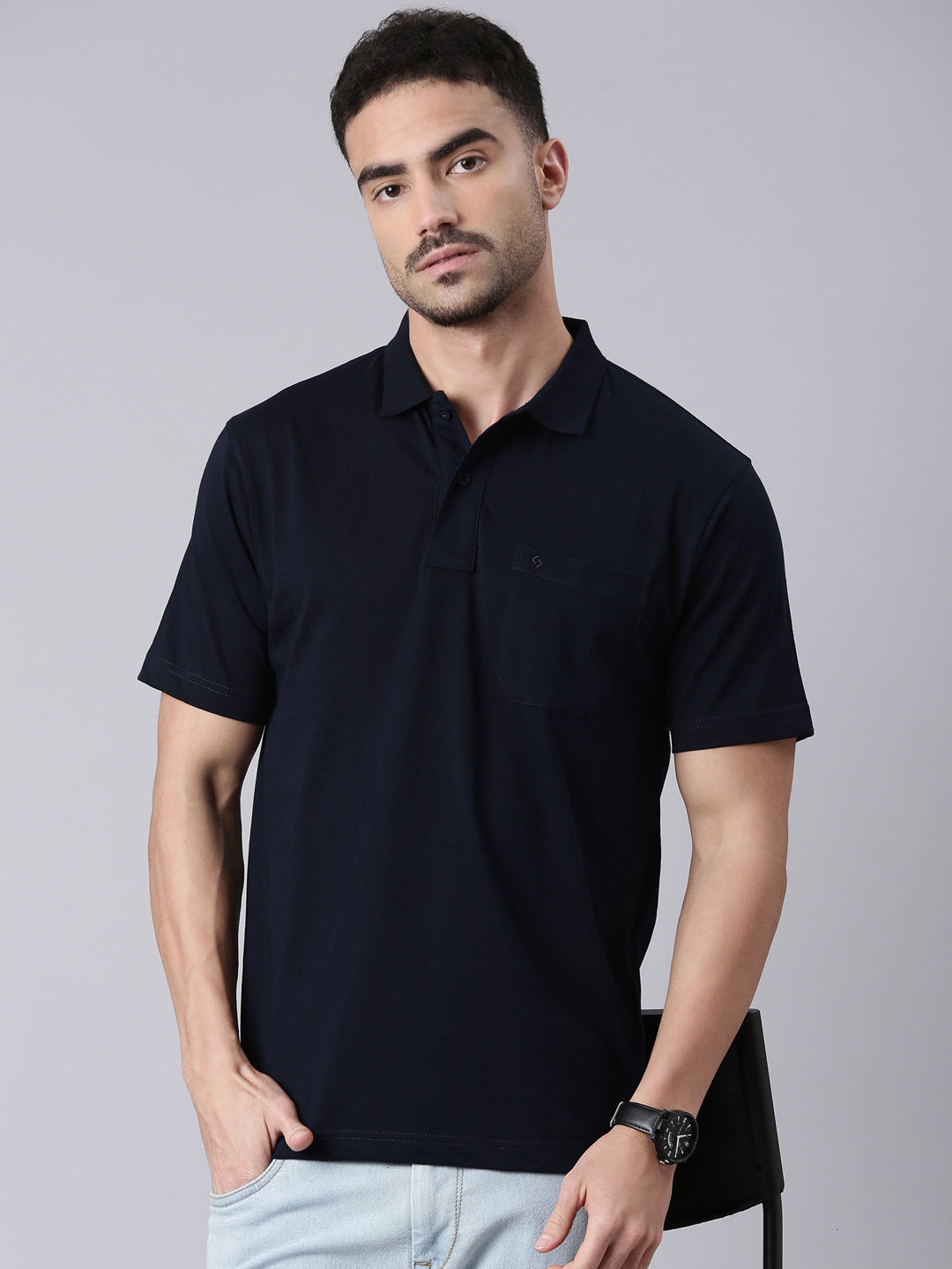 Classic Polo Men's Half Sleeve Dark Navy Polo Neck Authentic Fit Solid Cotton T-Shirt | TOY-SOLIX-SKY-P AF P