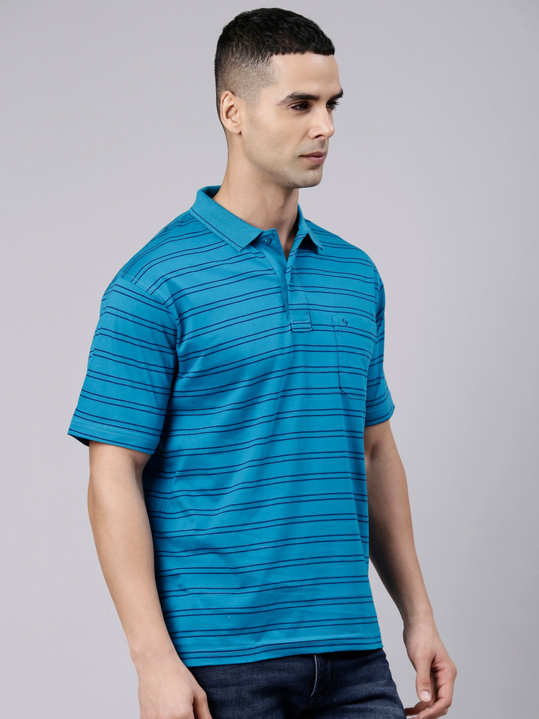 Classic Polo Men's Half Sleeve Blue Polo Neck Authentic Fit Striped Cotton T-Shirt | AP - 158 A AF P