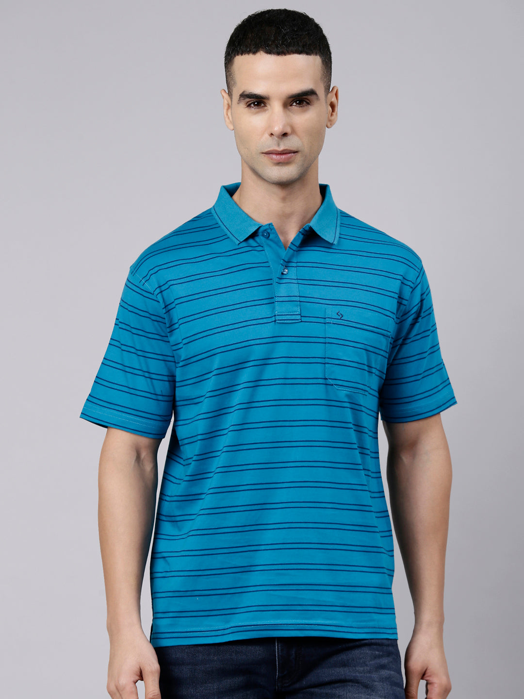 Classic Polo Men's Half Sleeve Blue Polo Neck Authentic Fit Striped Cotton T-Shirt | AP - 158 A AF P