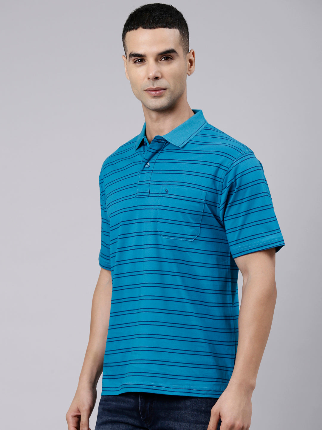 Classic Polo Men's Half Sleeve Blue Polo Neck Authentic Fit Striped Cotton T-Shirt | AP - 158 A AF P