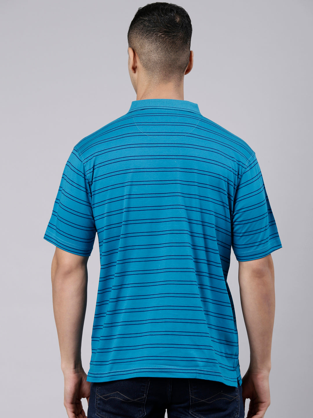 Classic Polo Men's Half Sleeve Blue Polo Neck Authentic Fit Striped Cotton T-Shirt | AP - 158 A AF P