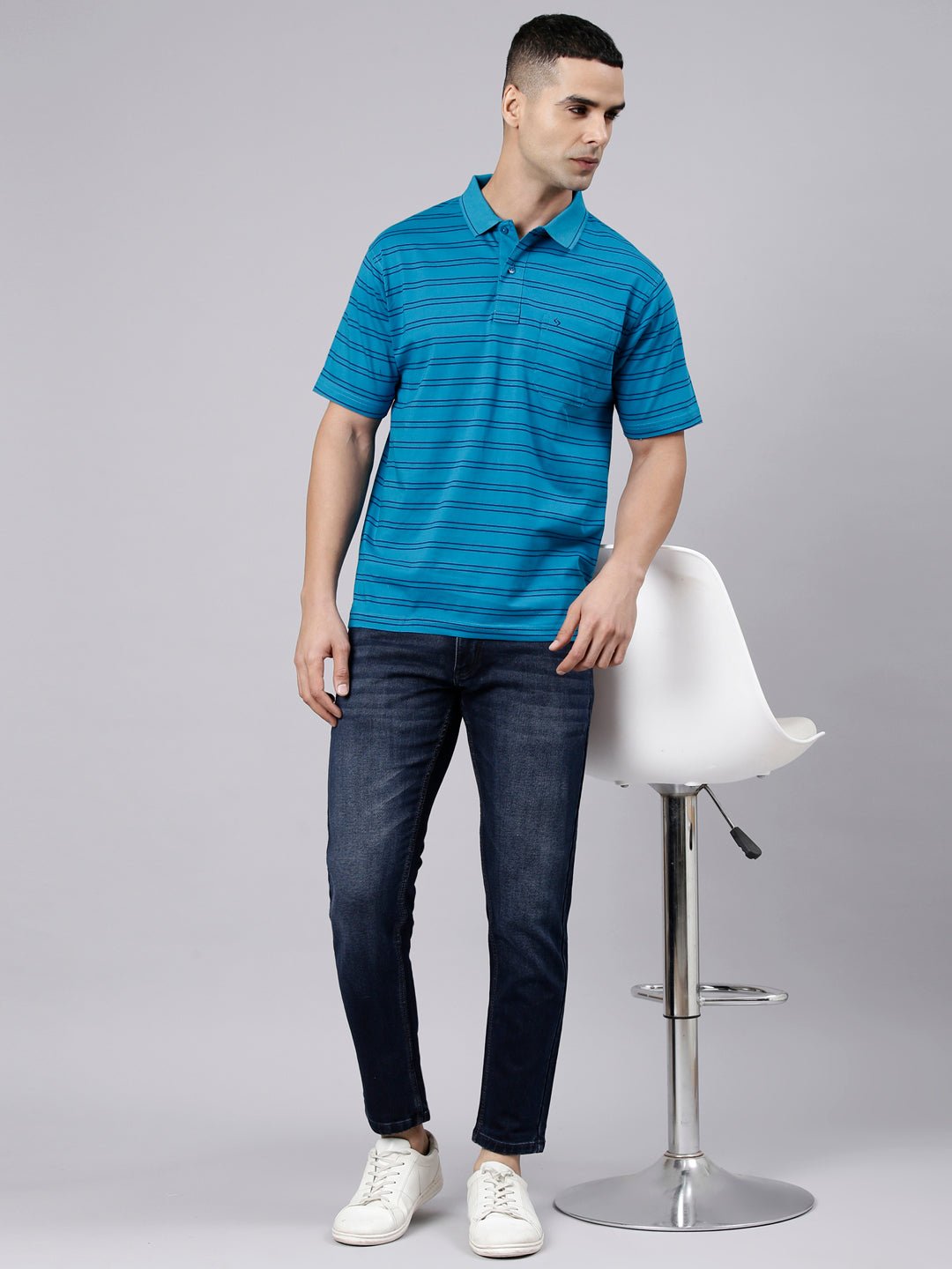Classic Polo Men's Half Sleeve Blue Polo Neck Authentic Fit Striped Cotton T-Shirt | AP - 158 A AF P