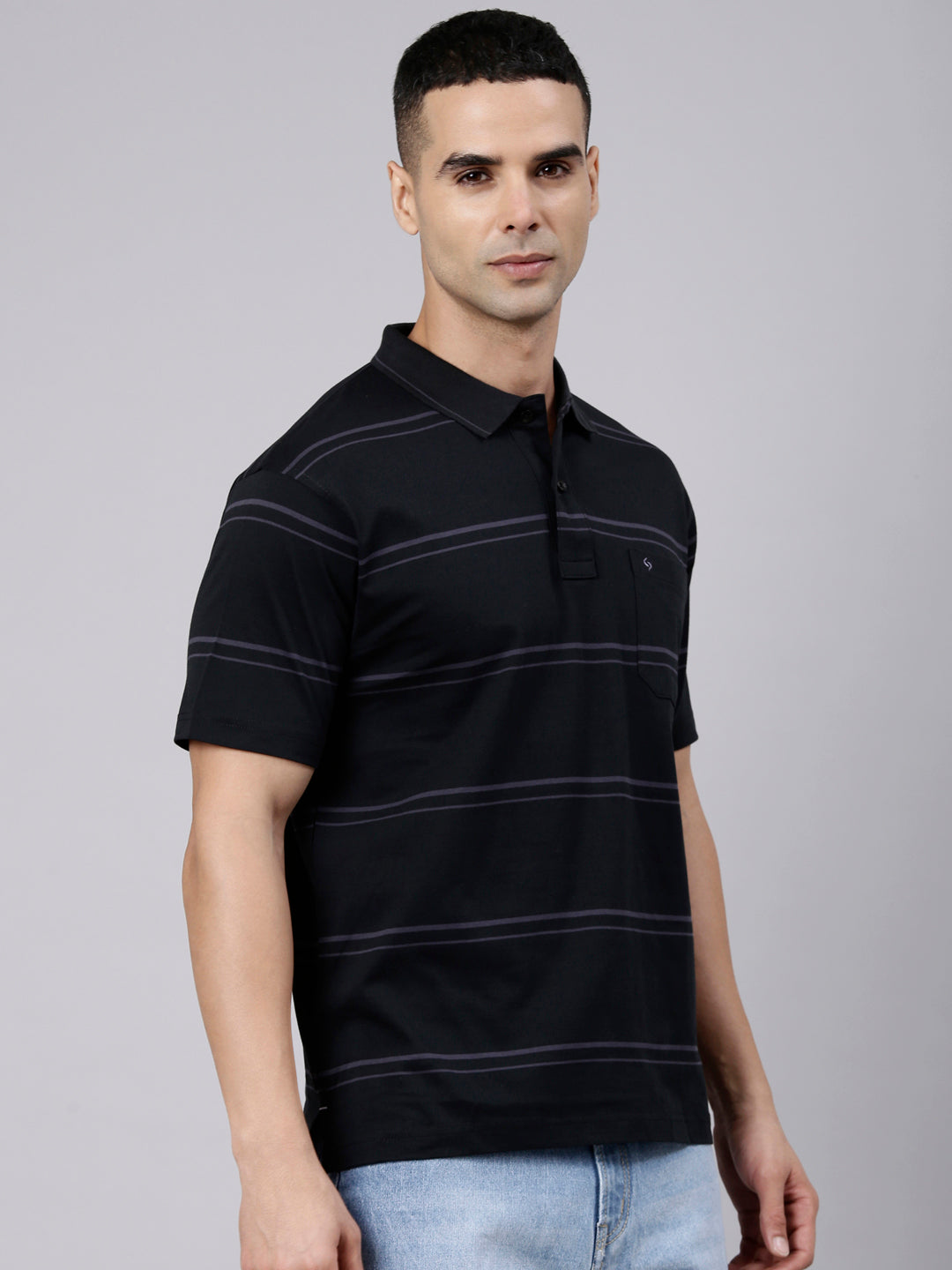 Classic Polo Men's Half Sleeve Black Polo Neck Authentic Fit Striped Cotton T-Shirt | AP - 160 B AF P