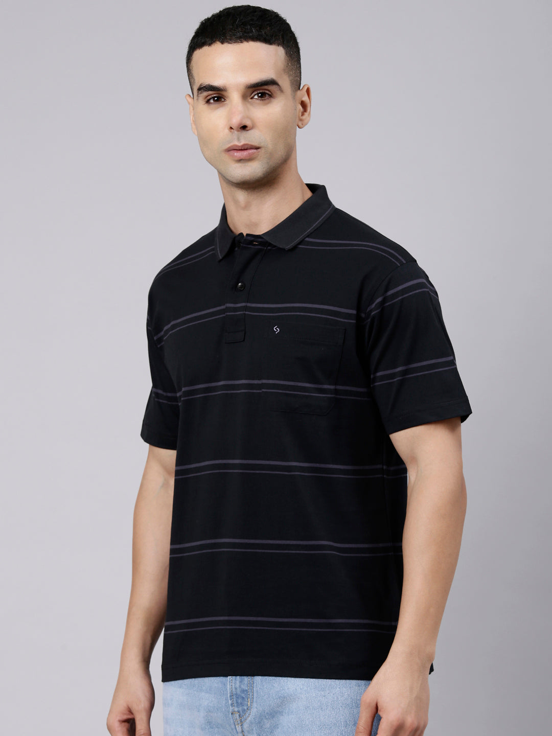 Classic Polo Men's Half Sleeve Black Polo Neck Authentic Fit Striped Cotton T-Shirt | AP - 160 B AF P