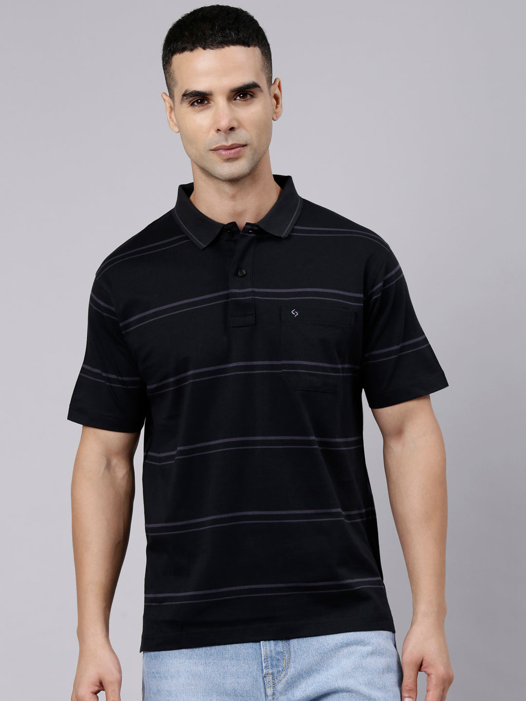 Classic Polo Men's Half Sleeve Black Polo Neck Authentic Fit Striped Cotton T-Shirt | AP - 160 B AF P