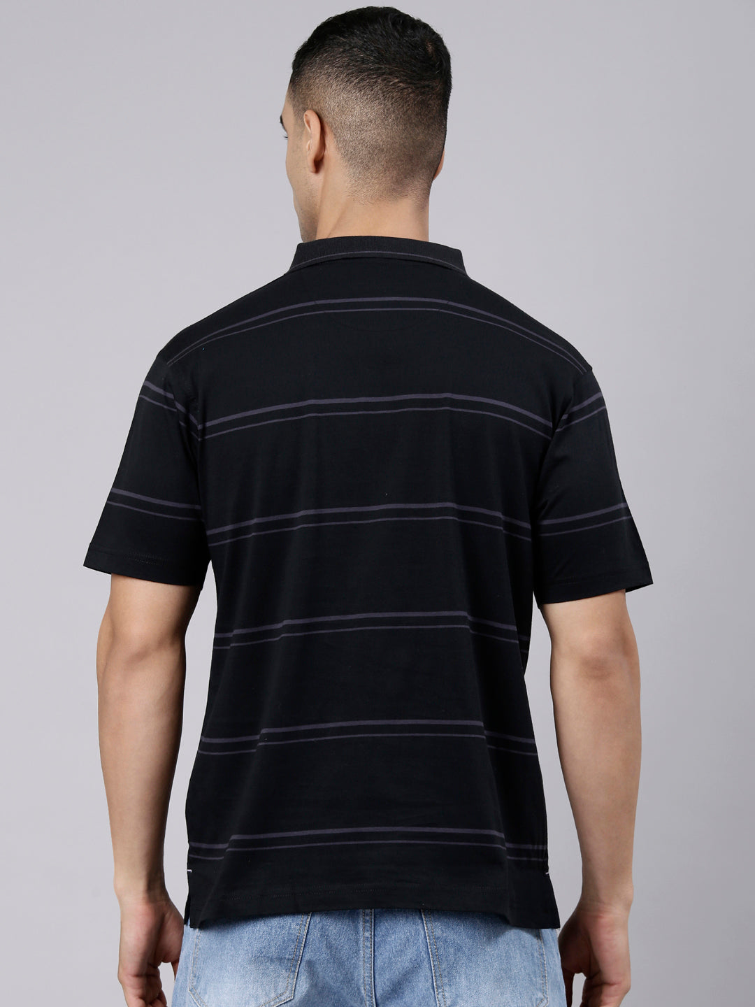 Classic Polo Men's Half Sleeve Black Polo Neck Authentic Fit Striped Cotton T-Shirt | AP - 160 B AF P