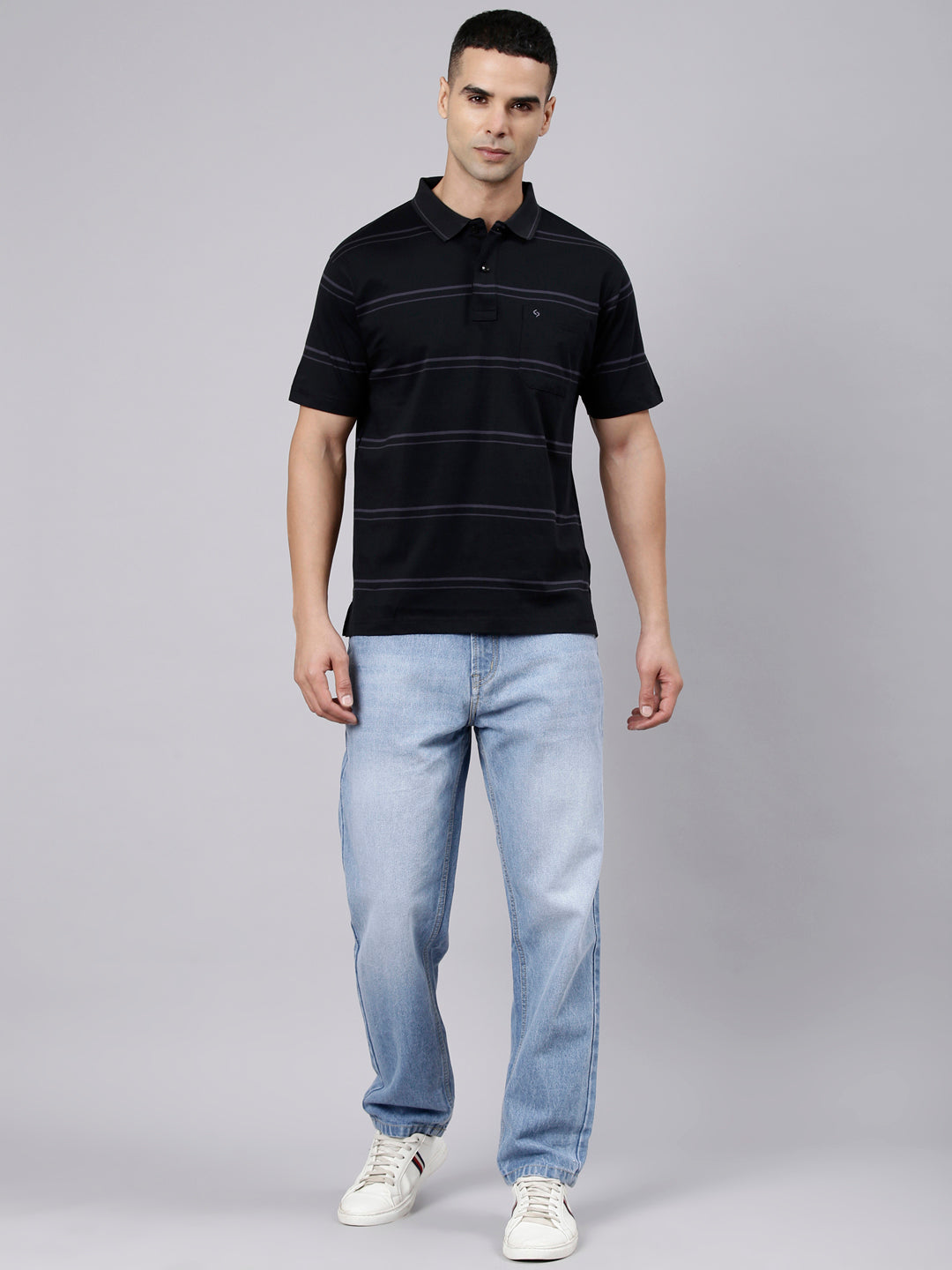 Classic Polo Men's Half Sleeve Black Polo Neck Authentic Fit Striped Cotton T-Shirt | AP - 160 B AF P