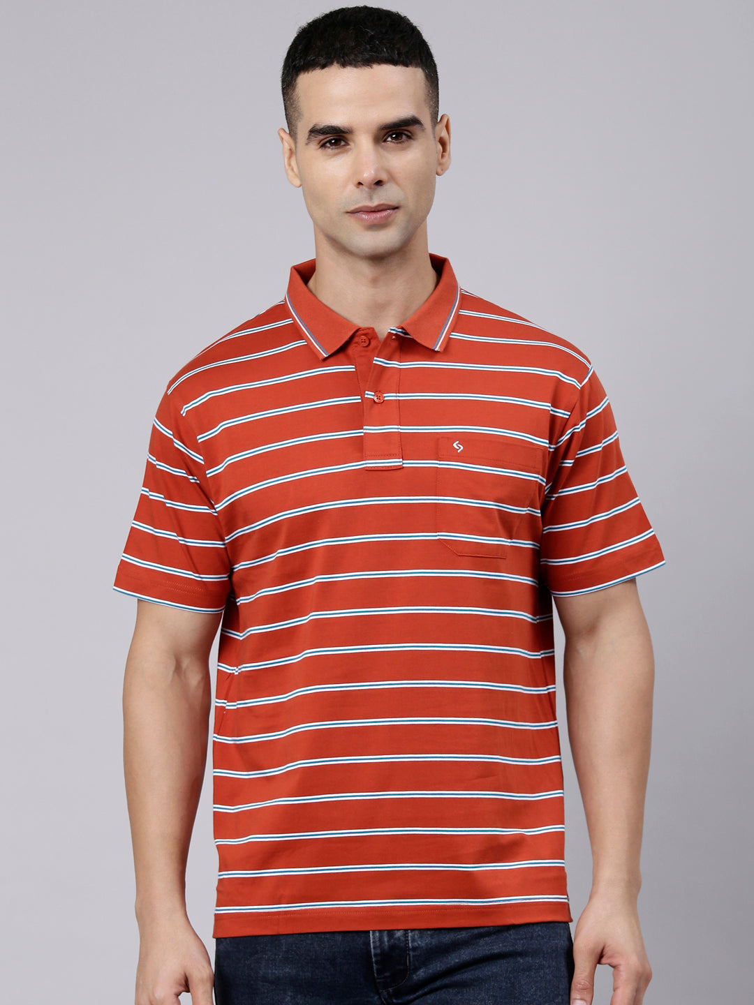 Classic Polo Men's Half Sleeve Rust Orange Polo Neck Authentic Fit Striped Cotton T-Shirt | AP - 161 A AF P