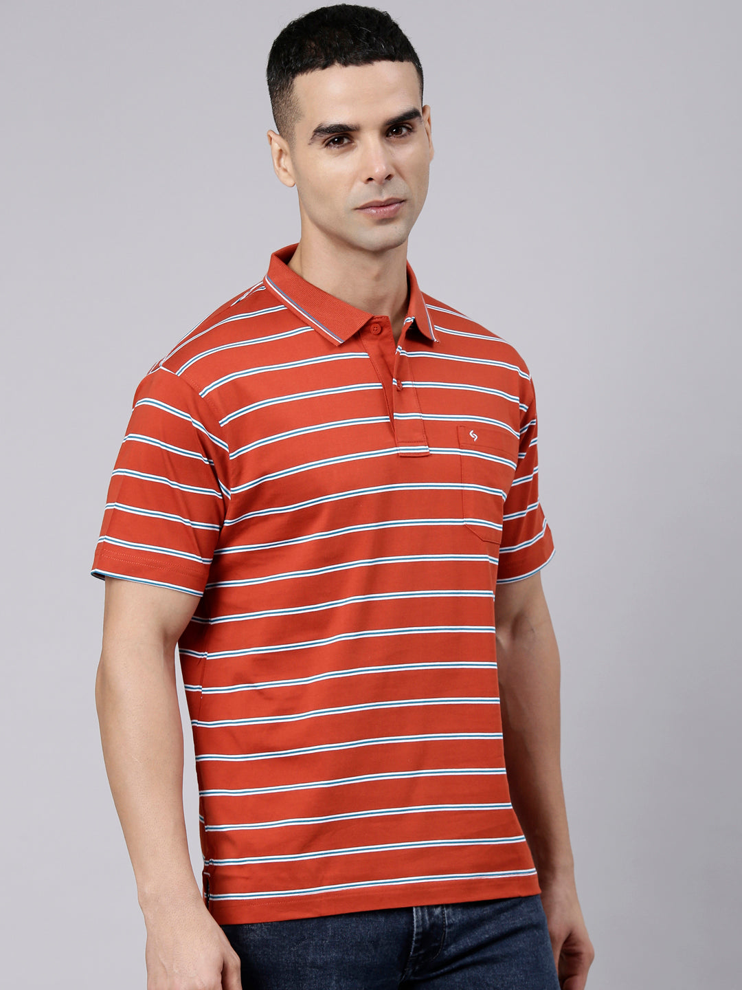 Classic Polo Men's Half Sleeve Rust Orange Polo Neck Authentic Fit Striped Cotton T-Shirt | AP - 161 A AF P