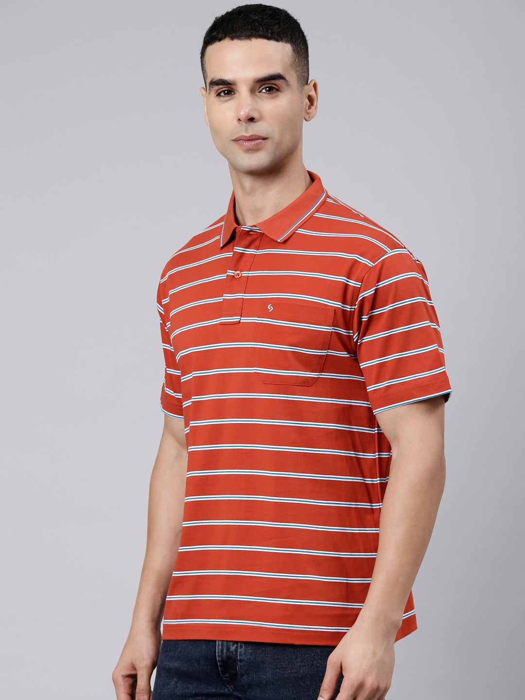 Classic Polo Men's Half Sleeve Rust Orange Polo Neck Authentic Fit Striped Cotton T-Shirt | AP - 161 A AF P