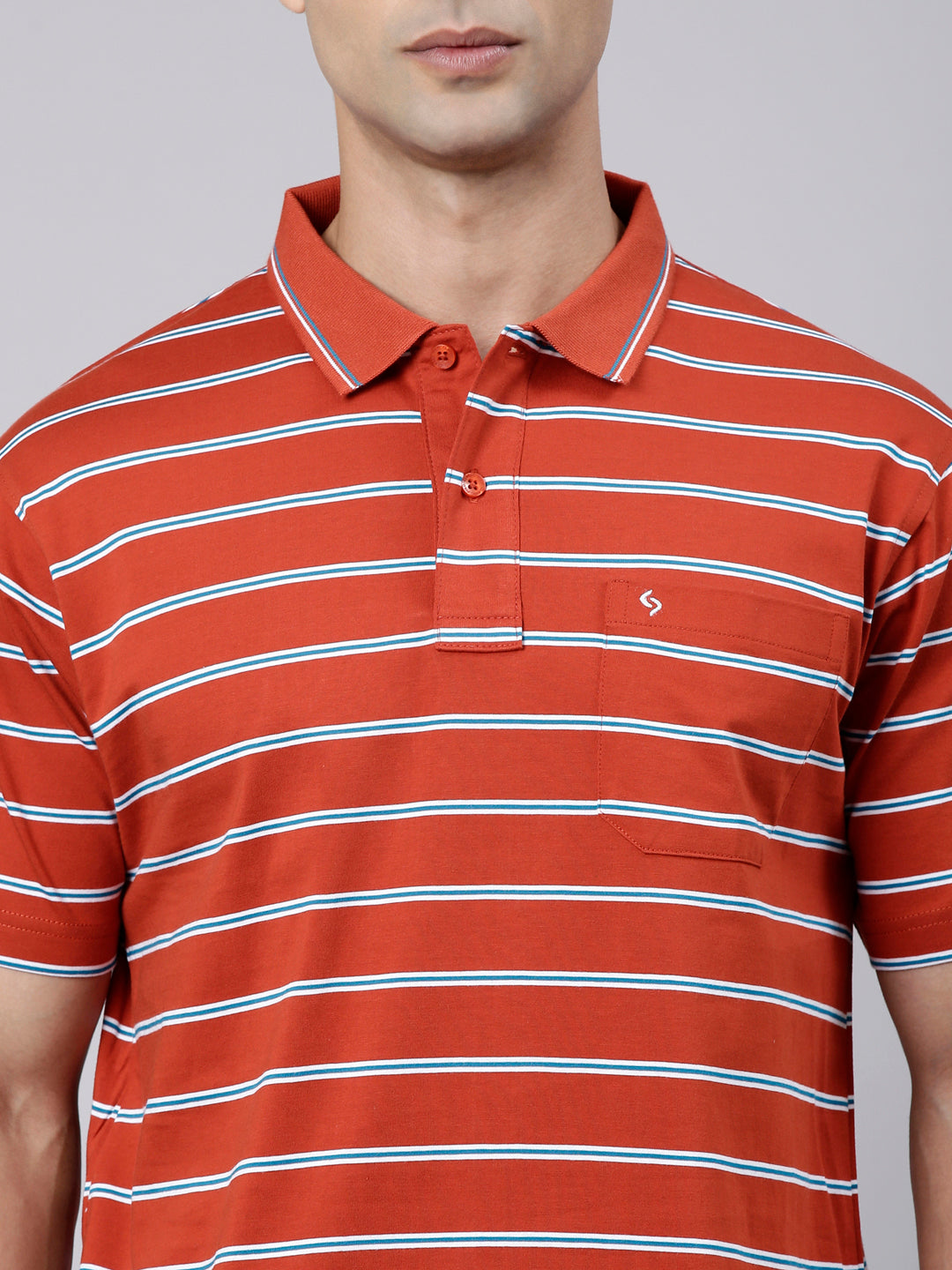 Classic Polo Men's Half Sleeve Rust Orange Polo Neck Authentic Fit Striped Cotton T-Shirt | AP - 161 A AF P