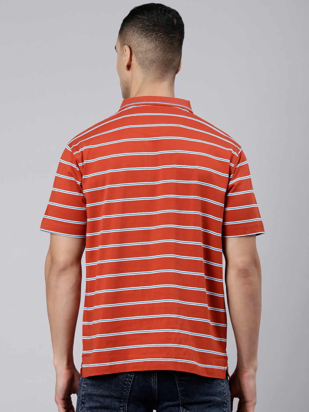 Classic Polo Men's Half Sleeve Rust Orange Polo Neck Authentic Fit Striped Cotton T-Shirt | AP - 161 A AF P