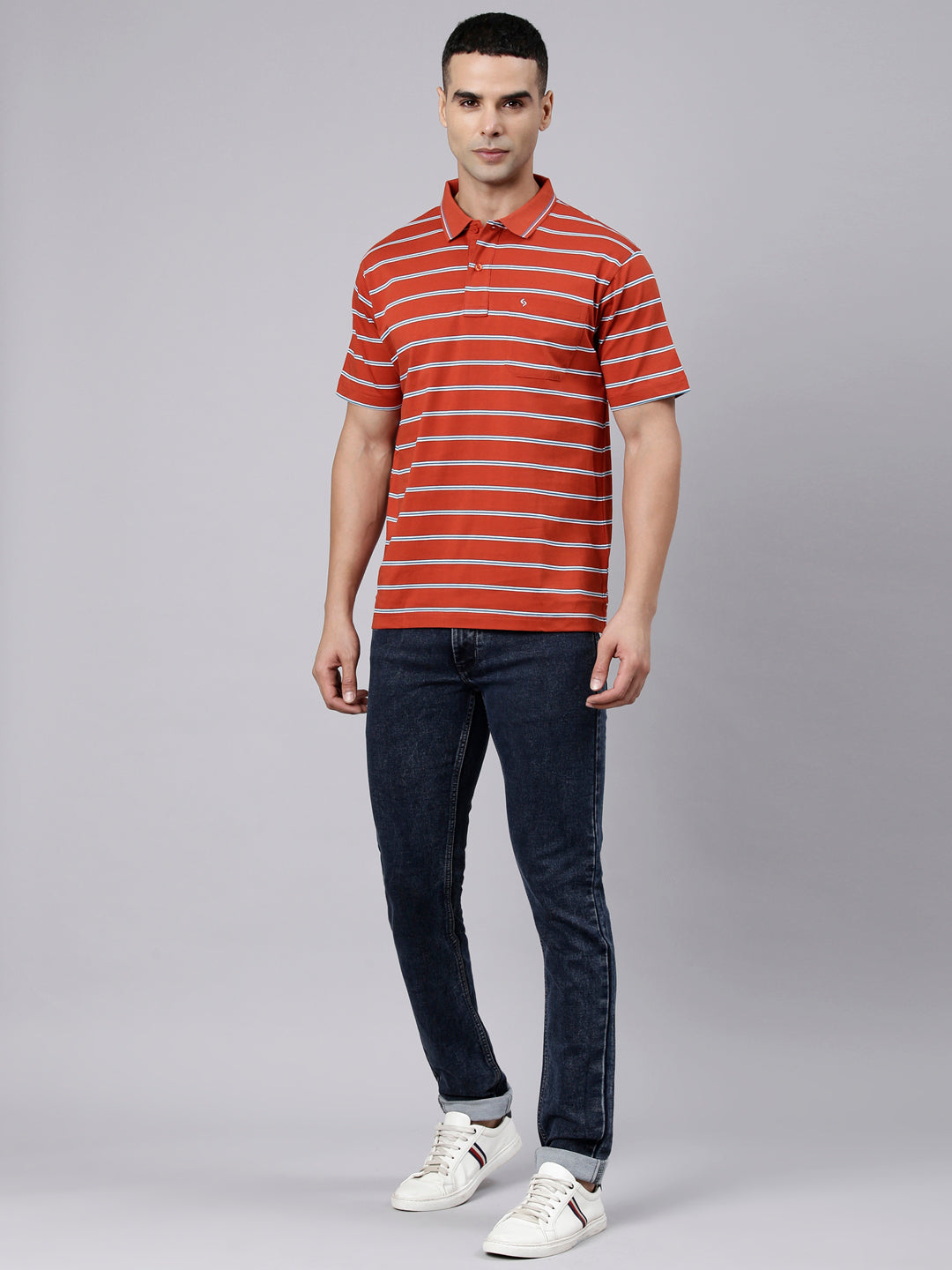 Classic Polo Men's Half Sleeve Rust Orange Polo Neck Authentic Fit Striped Cotton T-Shirt | AP - 161 A AF P