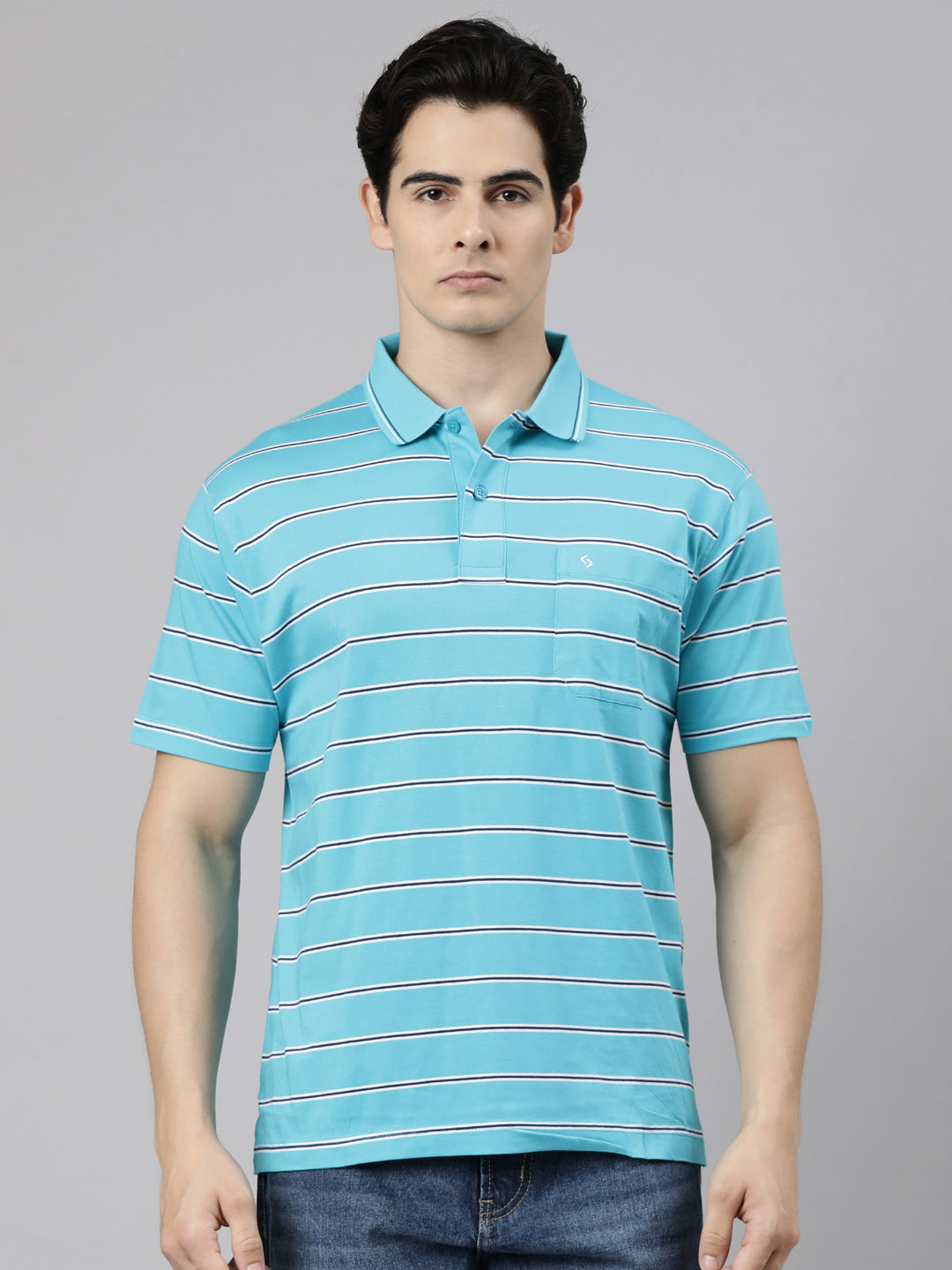 Classic Polo Men's Half Sleeve Blue Polo Neck Authentic Fit Striped Cotton T-Shirt | AP - 161 B AF P