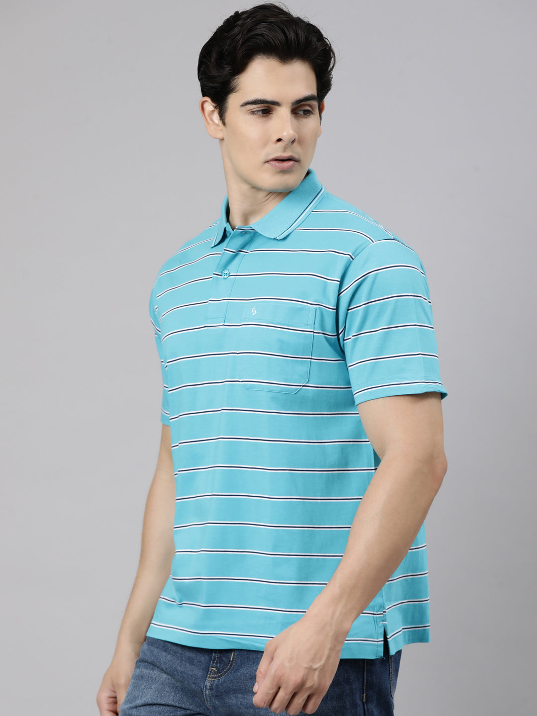 Classic Polo Men's Half Sleeve Blue Polo Neck Authentic Fit Striped Cotton T-Shirt | AP - 161 B AF P