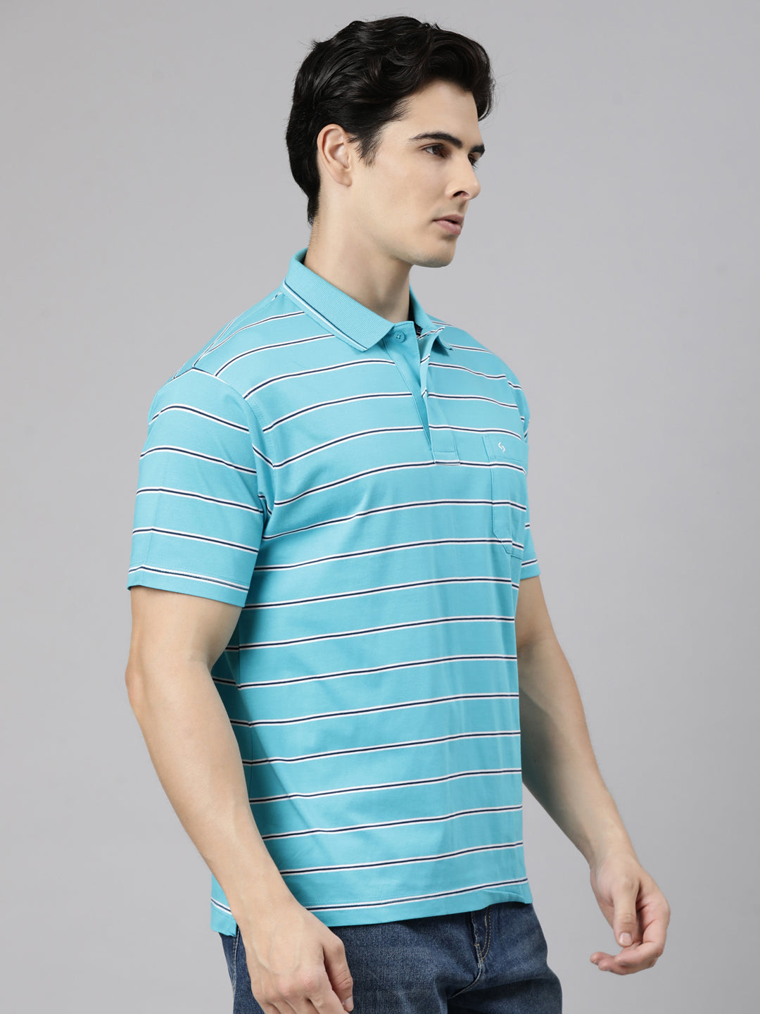 Classic Polo Men's Half Sleeve Blue Polo Neck Authentic Fit Striped Cotton T-Shirt | AP - 161 B AF P