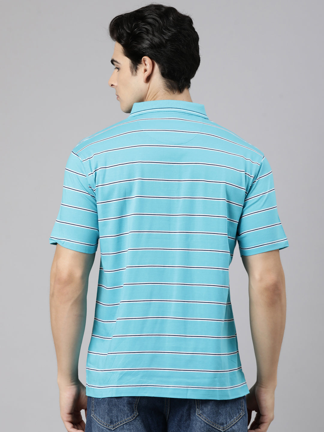 Classic Polo Men's Half Sleeve Blue Polo Neck Authentic Fit Striped Cotton T-Shirt | AP - 161 B AF P