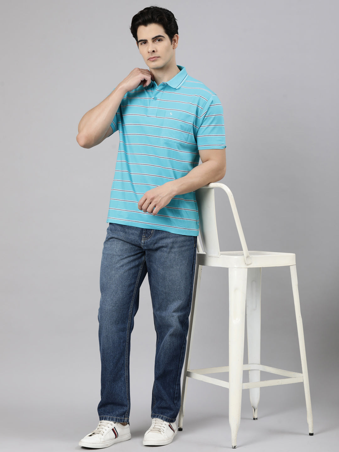 Classic Polo Men's Half Sleeve Blue Polo Neck Authentic Fit Striped Cotton T-Shirt | AP - 161 B AF P