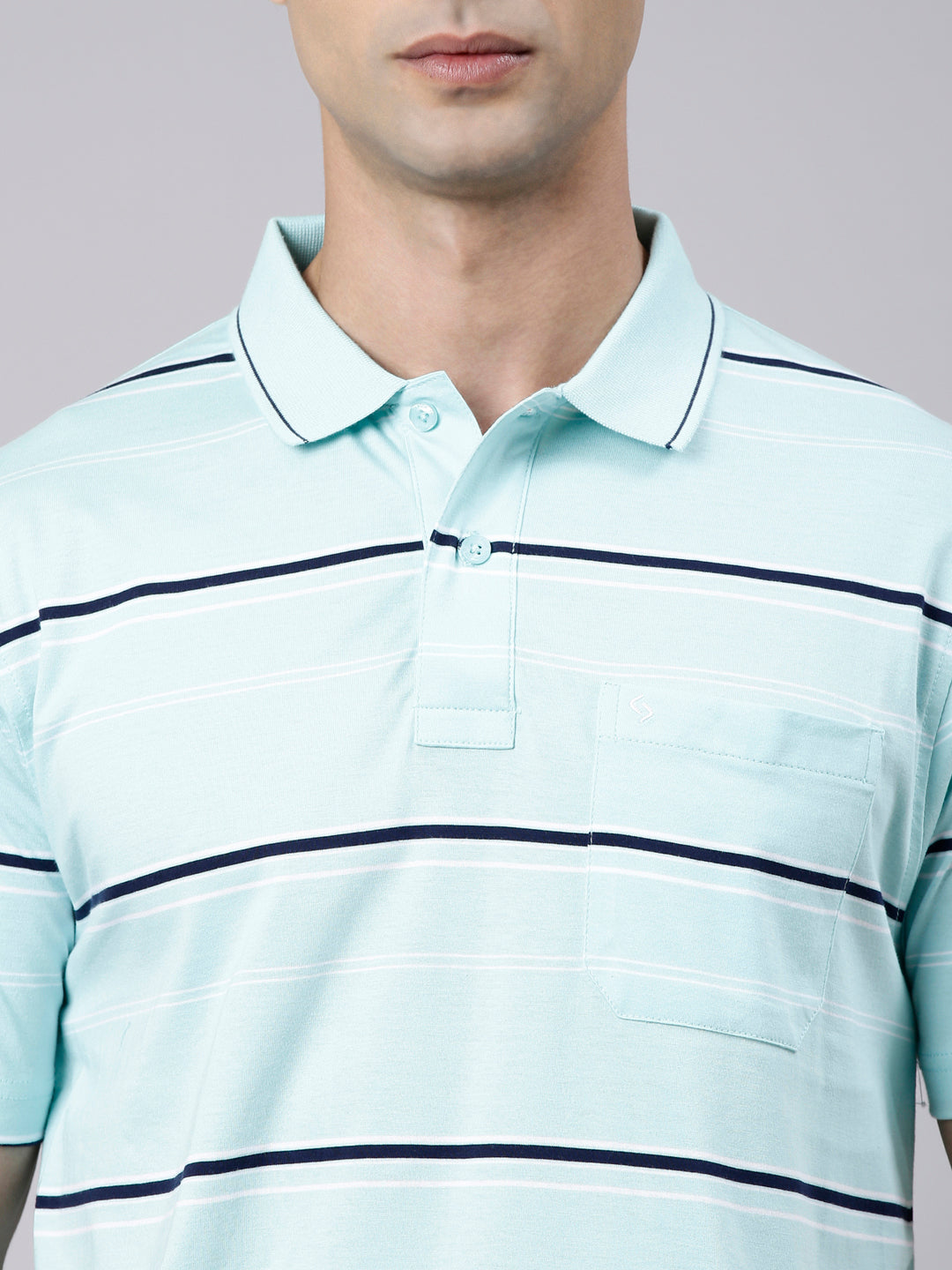 Classic Polo Men's Half Sleeve Light Blue Polo Neck Authentic Fit Striped Cotton T-Shirt | AP - 163 A AF P