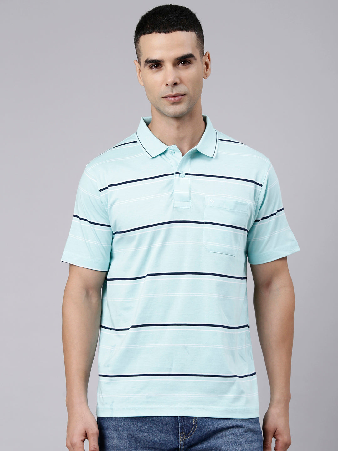 Classic Polo Men's Half Sleeve Light Blue Polo Neck Authentic Fit Striped Cotton T-Shirt | AP - 163 A AF P