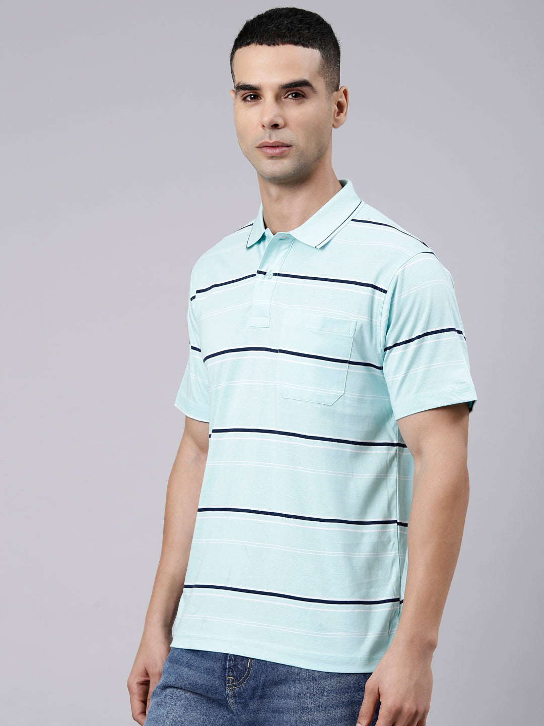 Classic Polo Men's Half Sleeve Light Blue Polo Neck Authentic Fit Striped Cotton T-Shirt | AP - 163 A AF P
