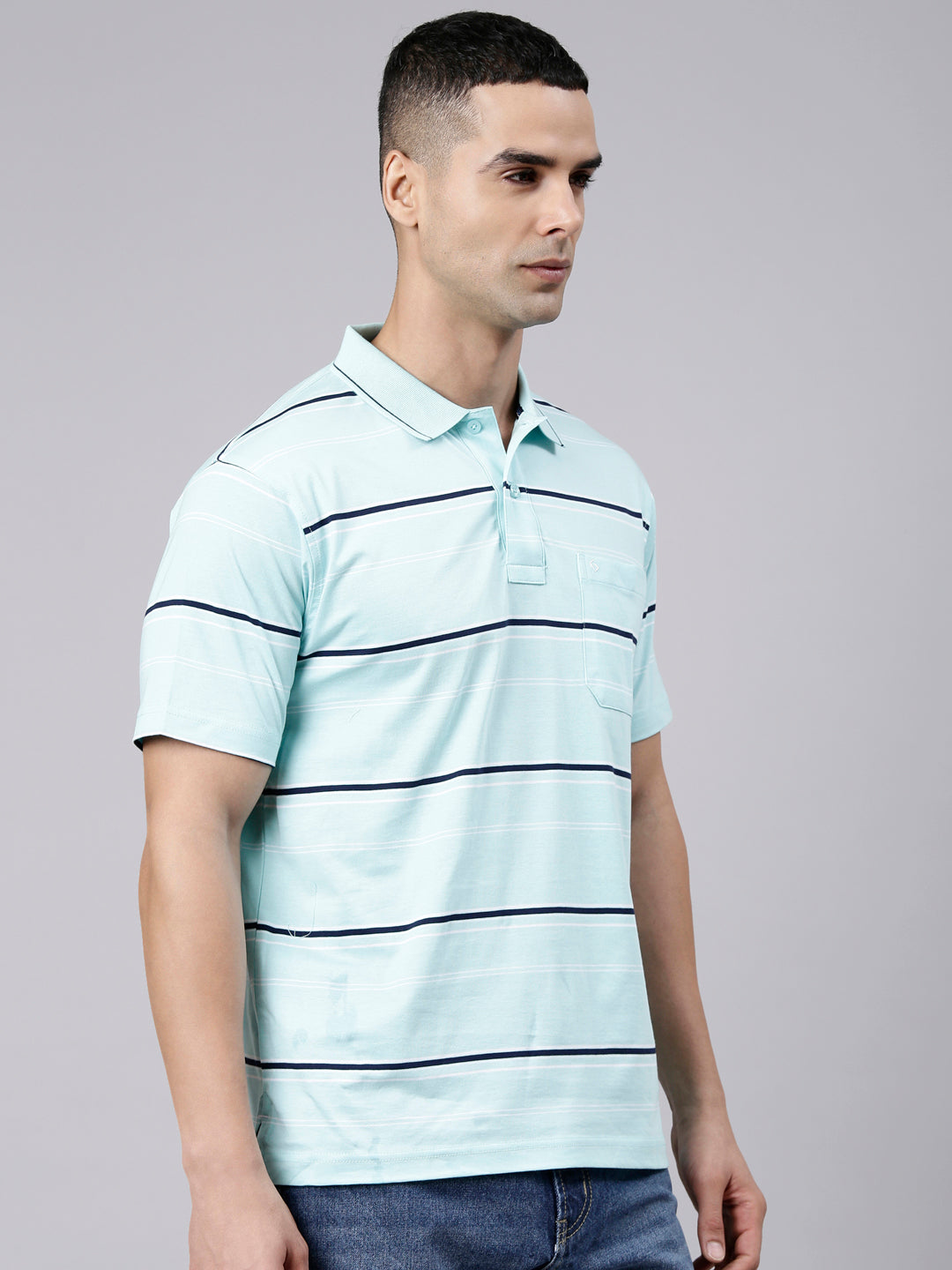 Classic Polo Men's Half Sleeve Light Blue Polo Neck Authentic Fit Striped Cotton T-Shirt | AP - 163 A AF P