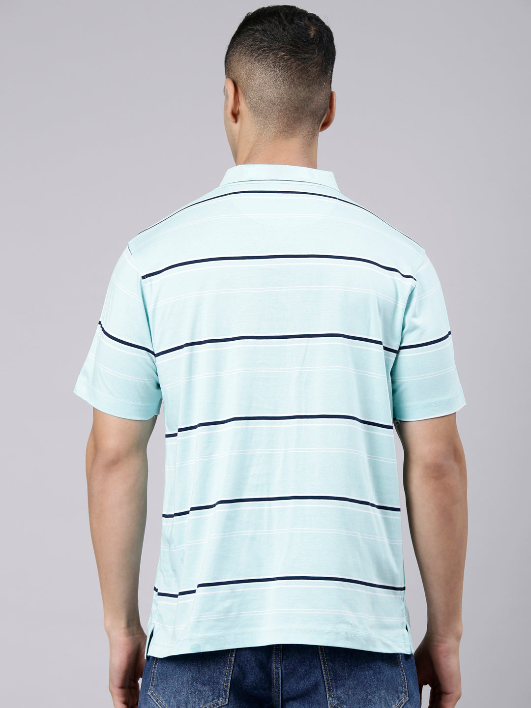 Classic Polo Men's Half Sleeve Light Blue Polo Neck Authentic Fit Striped Cotton T-Shirt | AP - 163 A AF P
