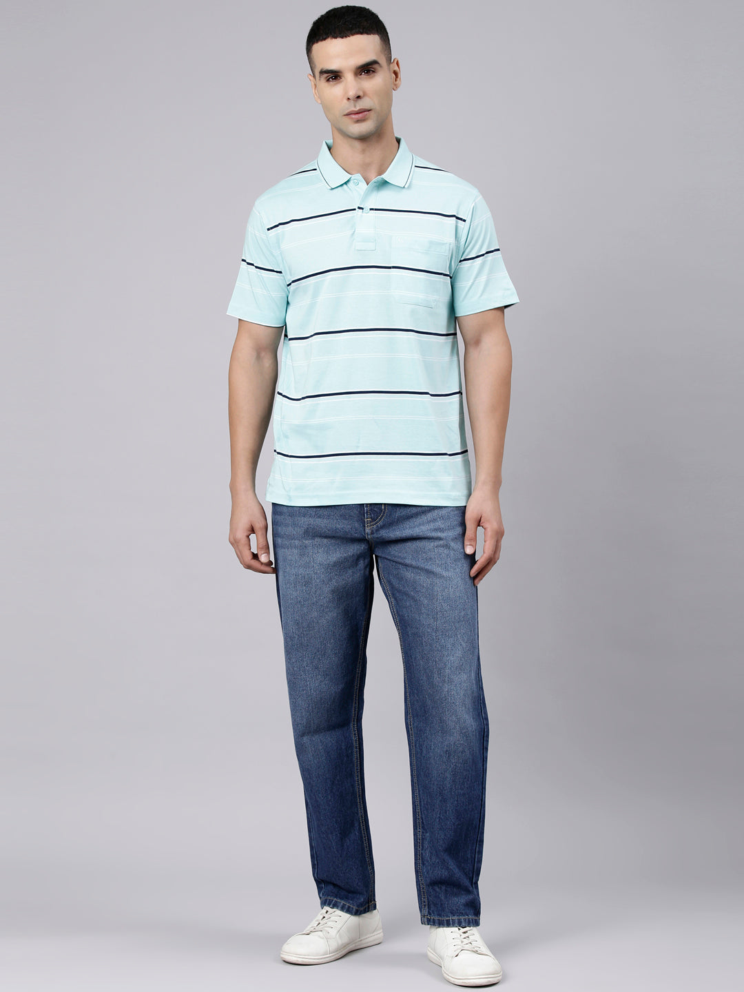 Classic Polo Men's Half Sleeve Light Blue Polo Neck Authentic Fit Striped Cotton T-Shirt | AP - 163 A AF P