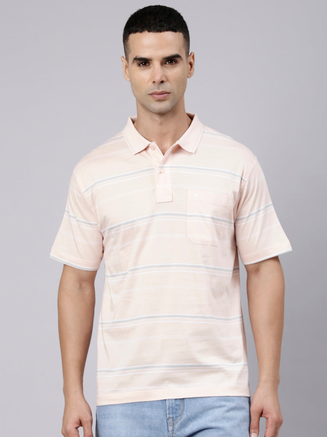 Classic Polo Men's Half Sleeve Light Pink Polo Neck Authentic Fit Striped Cotton T-Shirt | AP - 163 B AF P