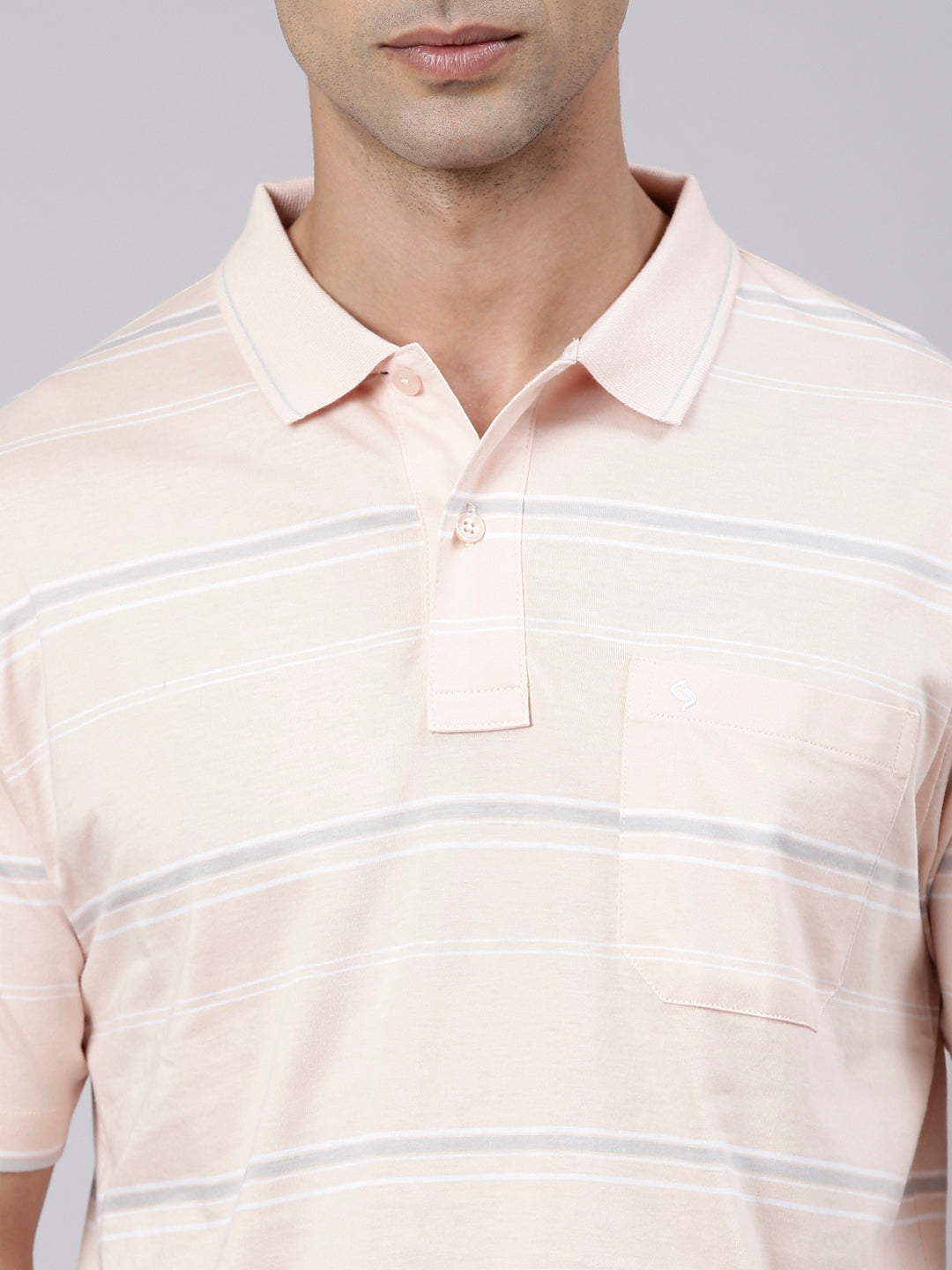 Classic Polo Men's Half Sleeve Light Pink Polo Neck Authentic Fit Striped Cotton T-Shirt | AP - 163 B AF P