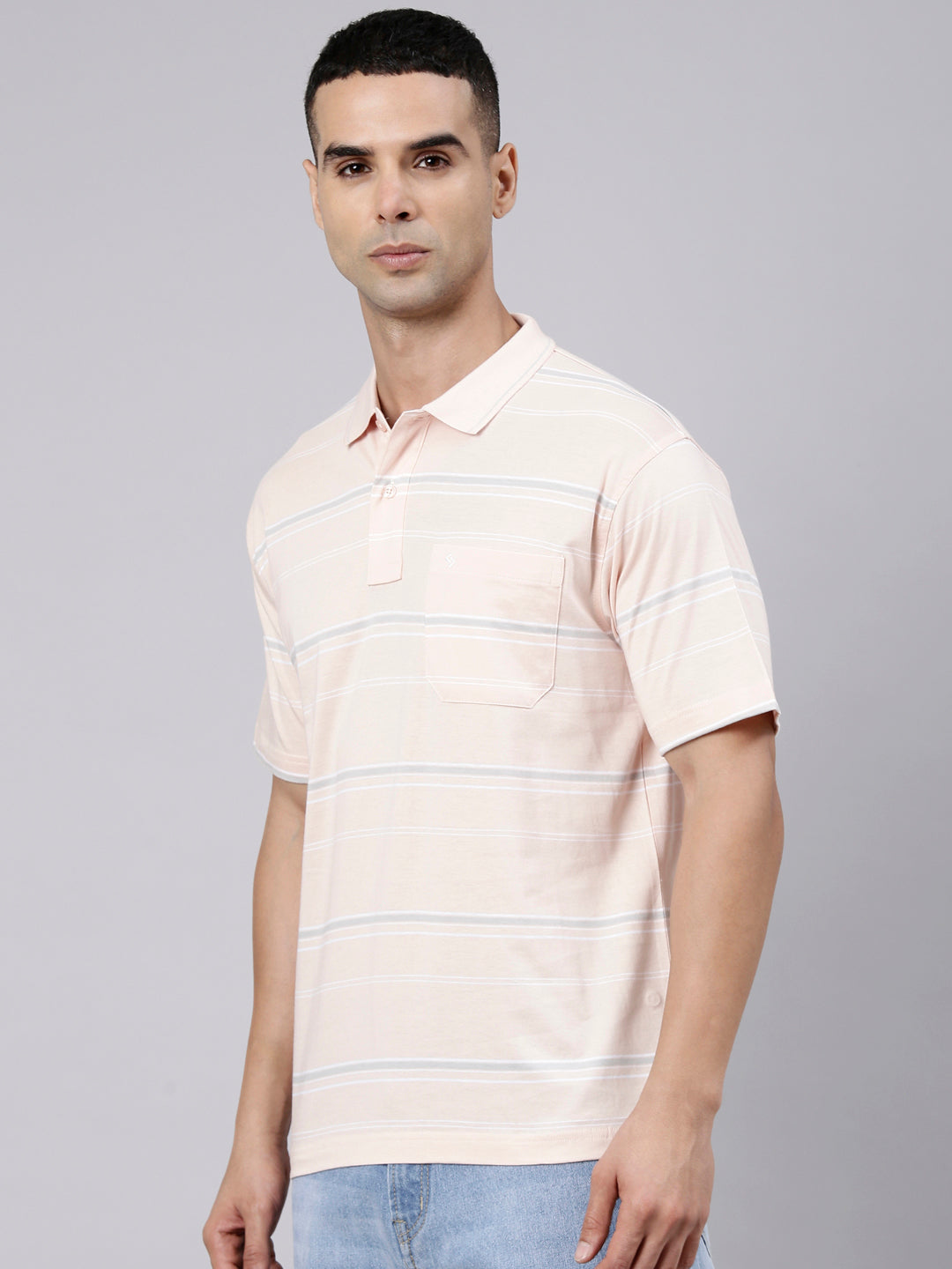 Classic Polo Men's Half Sleeve Light Pink Polo Neck Authentic Fit Striped Cotton T-Shirt | AP - 163 B AF P