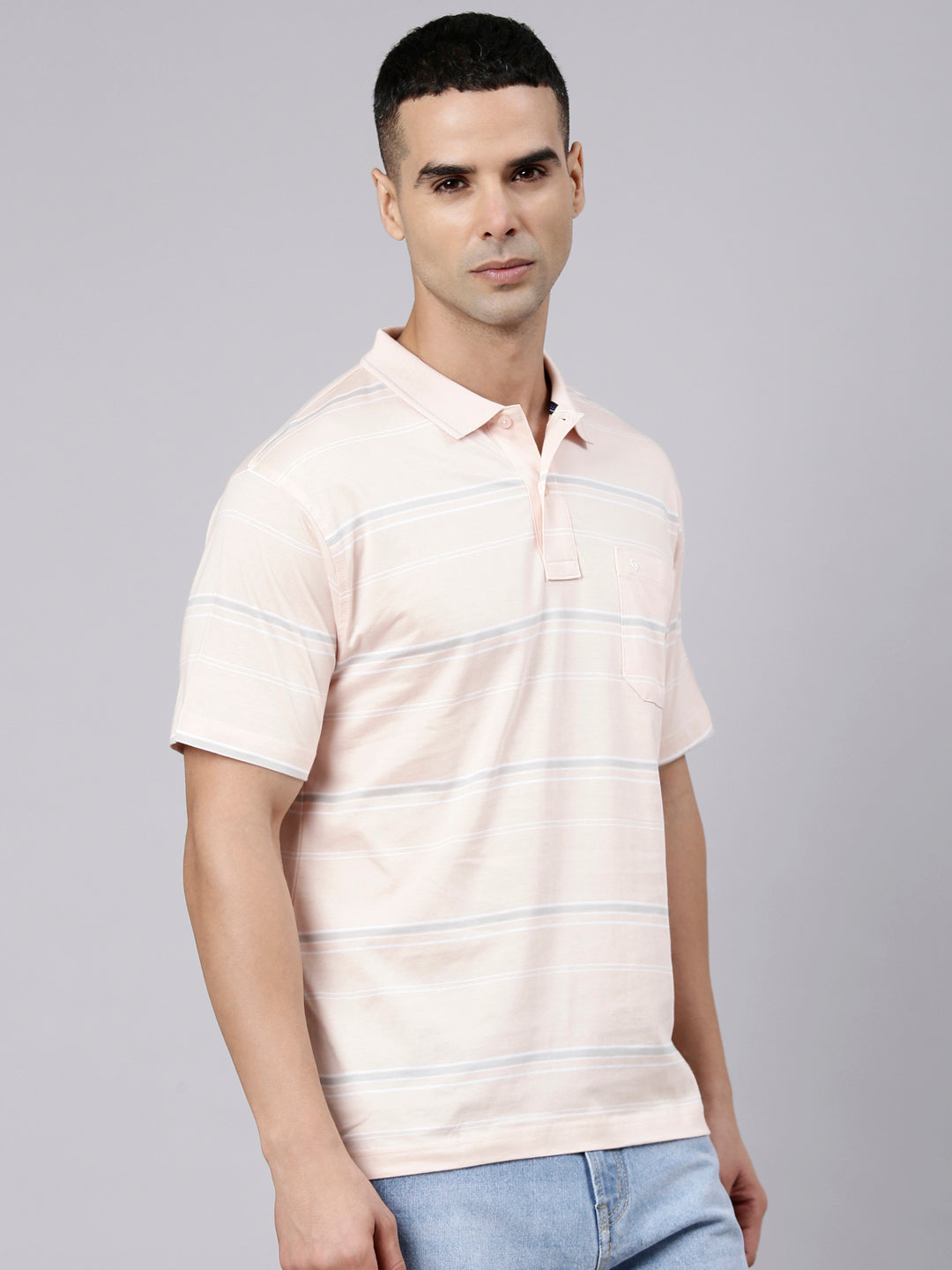 Classic Polo Men's Half Sleeve Light Pink Polo Neck Authentic Fit Striped Cotton T-Shirt | AP - 163 B AF P