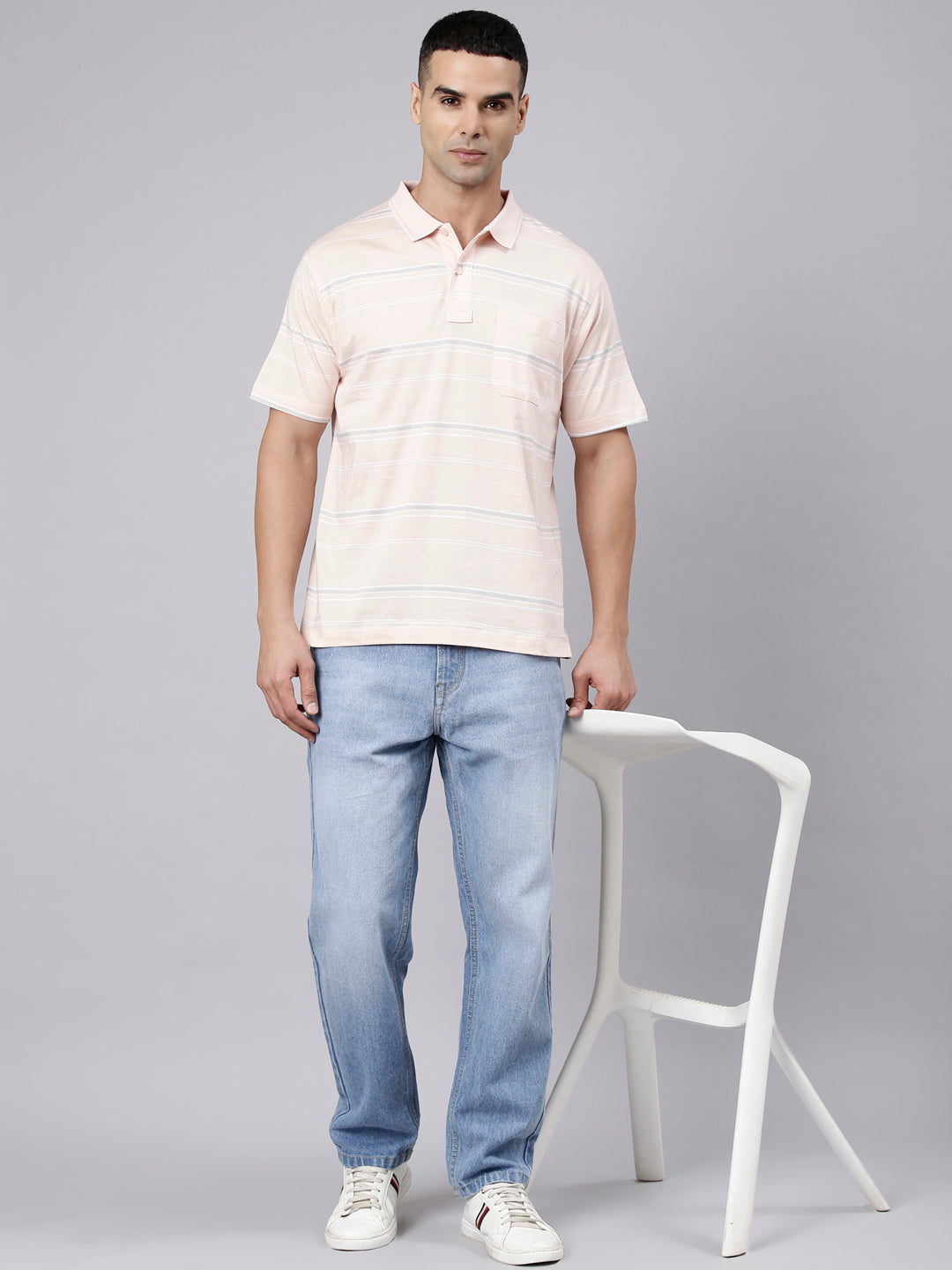 Classic Polo Men's Half Sleeve Light Pink Polo Neck Authentic Fit Striped Cotton T-Shirt | AP - 163 B AF P