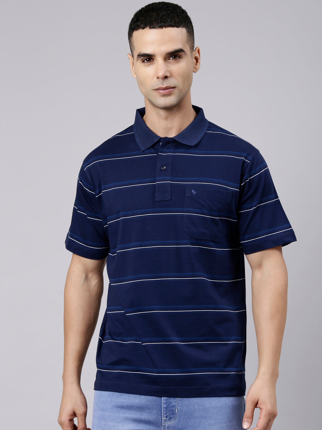 Classic Polo Men's Half Sleeve Navy Blue Polo Neck Authentic Fit Striped Cotton T-Shirt | AP - 167 A AF P