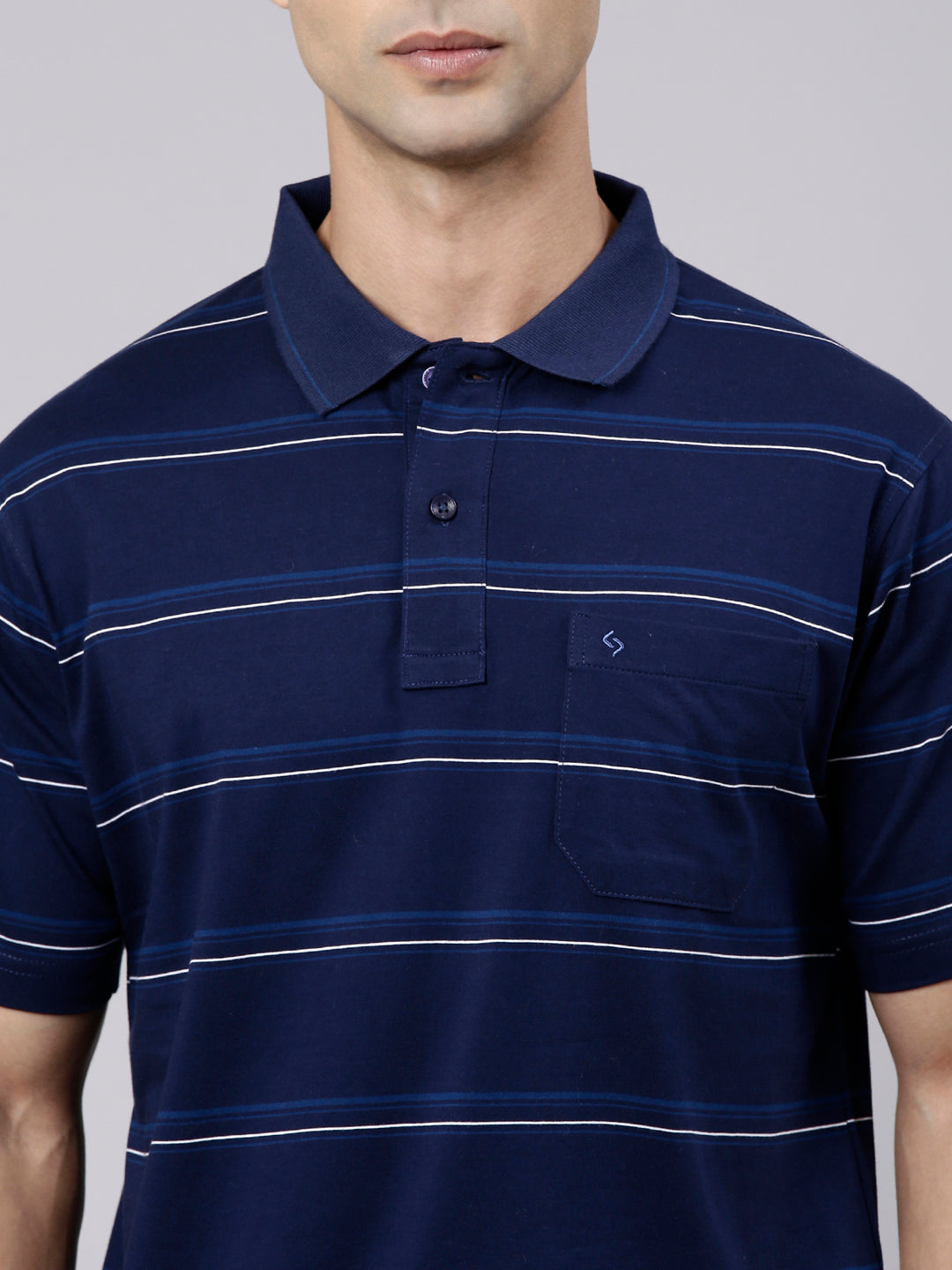 Classic Polo Men's Half Sleeve Navy Blue Polo Neck Authentic Fit Striped Cotton T-Shirt | AP - 167 A AF P