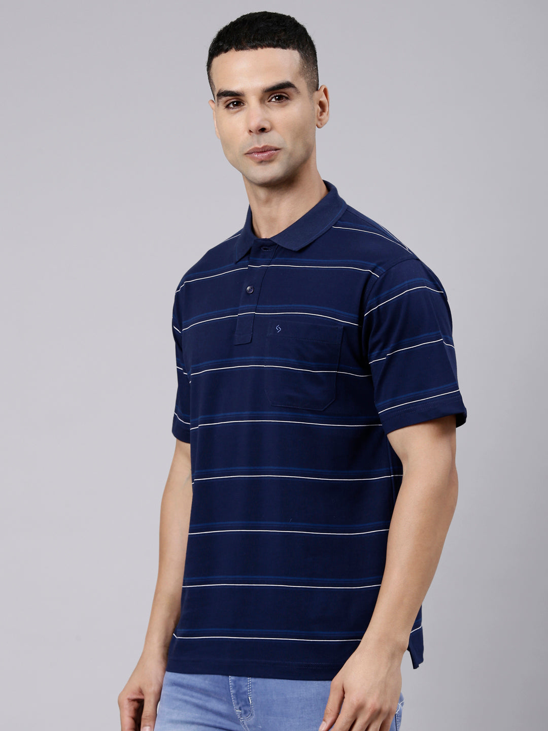 Classic Polo Men's Half Sleeve Navy Blue Polo Neck Authentic Fit Striped Cotton T-Shirt | AP - 167 A AF P
