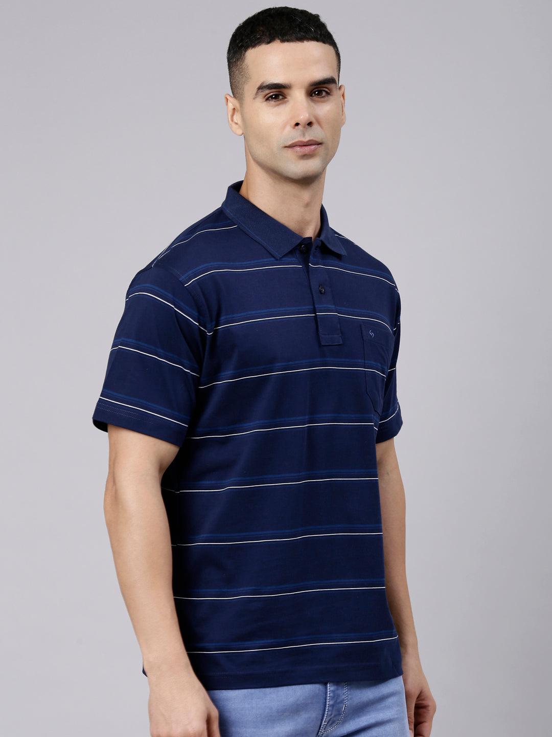 Classic Polo Men's Half Sleeve Navy Blue Polo Neck Authentic Fit Striped Cotton T-Shirt | AP - 167 A AF P