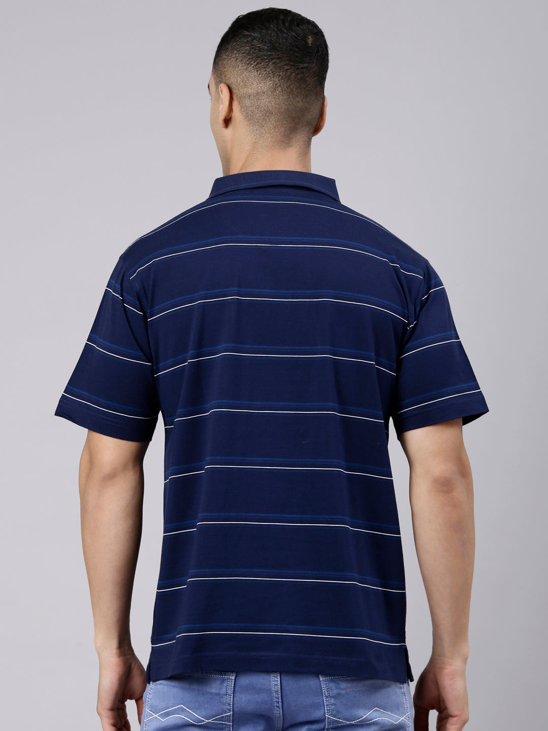 Classic Polo Men's Half Sleeve Navy Blue Polo Neck Authentic Fit Striped Cotton T-Shirt | AP - 167 A AF P