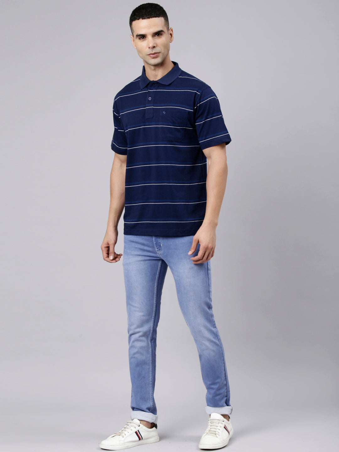 Classic Polo Men's Half Sleeve Navy Blue Polo Neck Authentic Fit Striped Cotton T-Shirt | AP - 167 A AF P