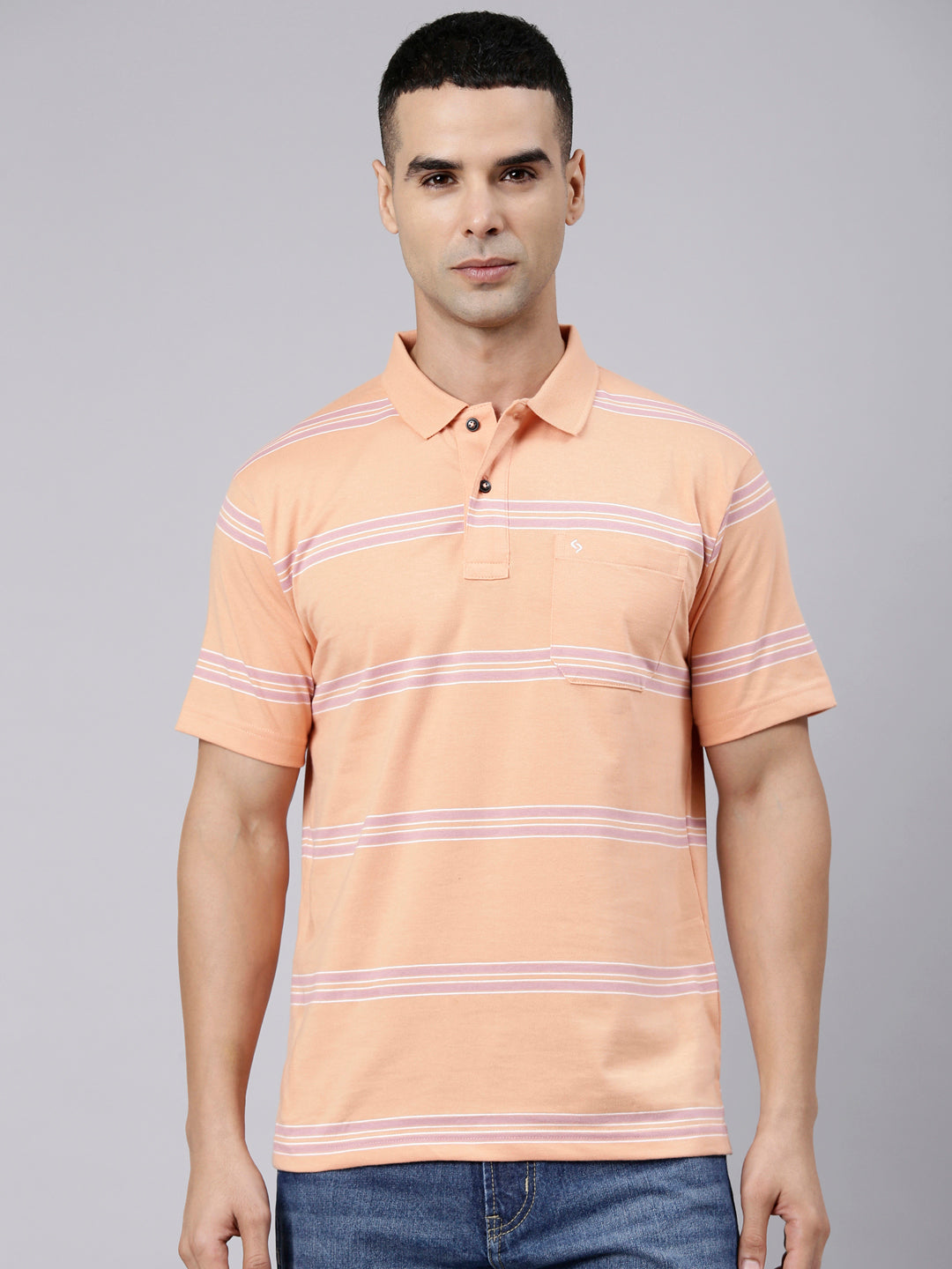 Classic Polo Men's Half Sleeve Light Orange Polo Neck Authentic Fit Striped Cotton Blend T-Shirt | AVON - 657 B AF P