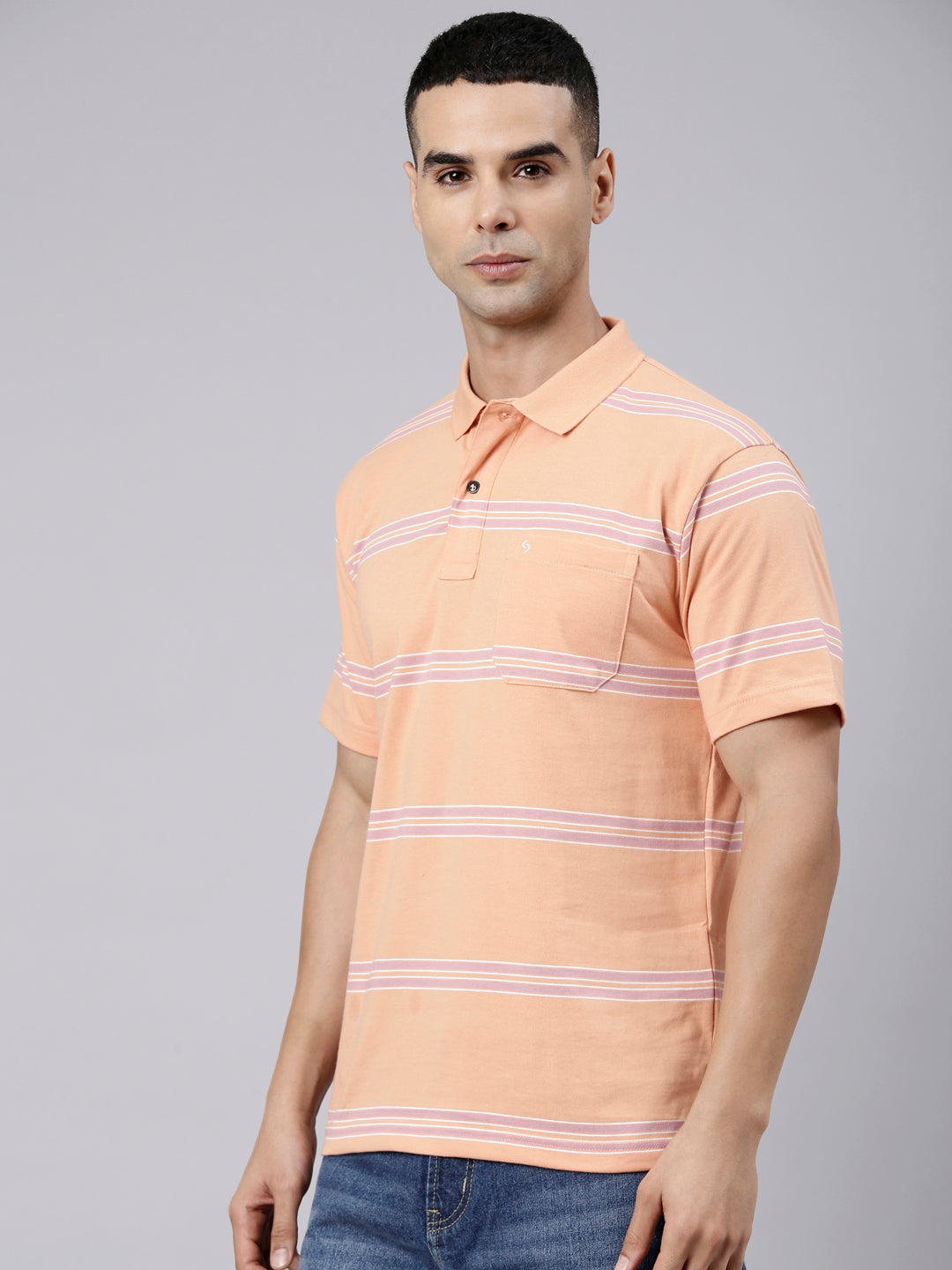 Classic Polo Men's Half Sleeve Light Orange Polo Neck Authentic Fit Striped Cotton Blend T-Shirt | AVON - 657 B AF P