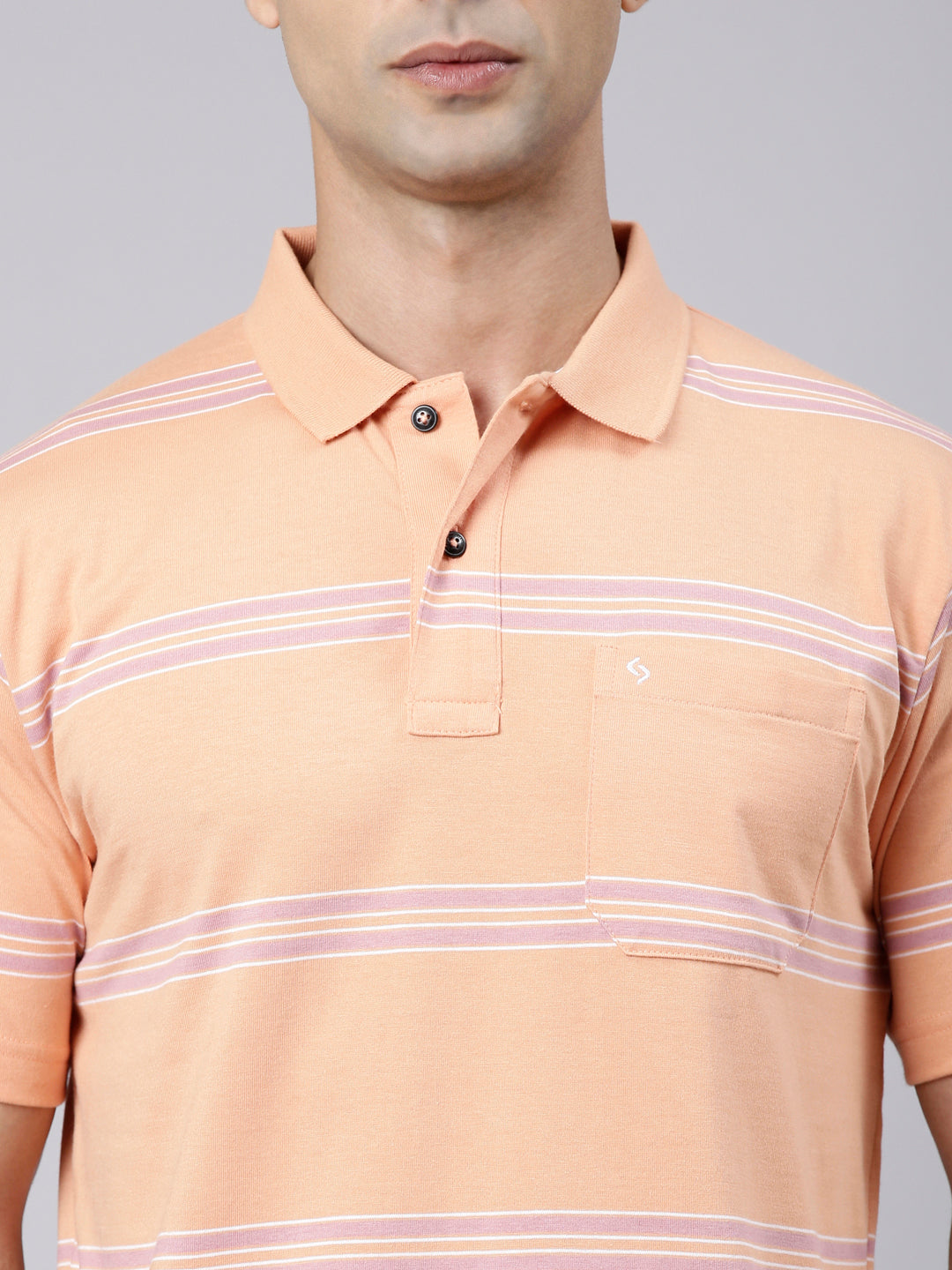 Classic Polo Men's Half Sleeve Light Orange Polo Neck Authentic Fit Striped Cotton Blend T-Shirt | AVON - 657 B AF P