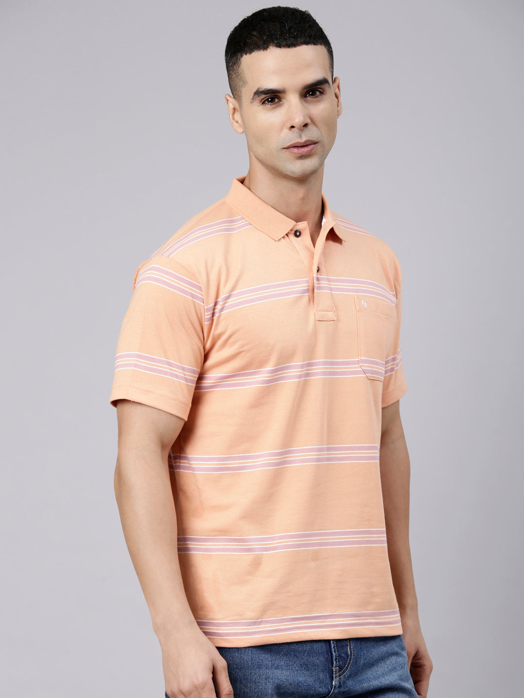 Classic Polo Men's Half Sleeve Light Orange Polo Neck Authentic Fit Striped Cotton Blend T-Shirt | AVON - 657 B AF P
