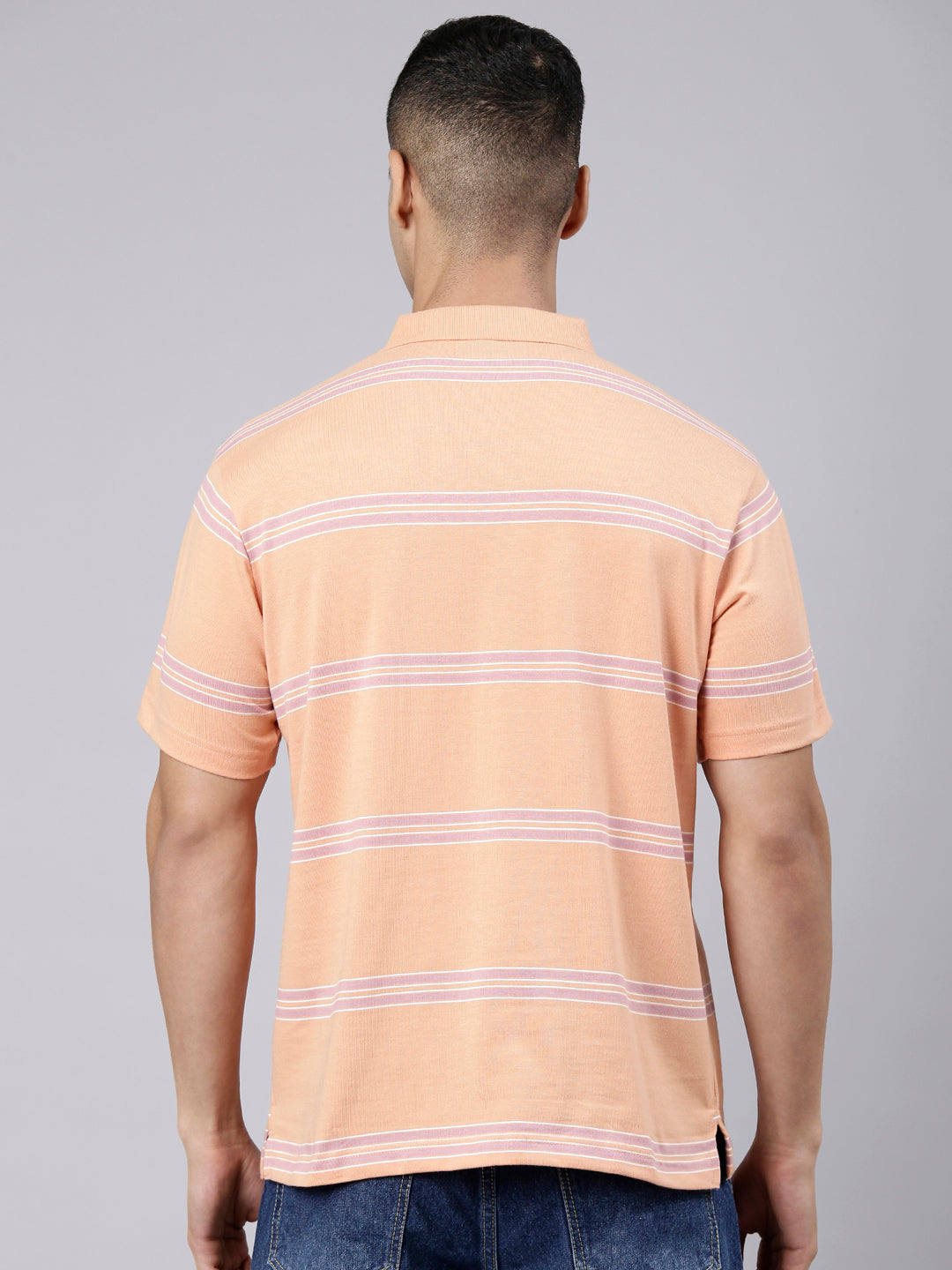 Classic Polo Men's Half Sleeve Light Orange Polo Neck Authentic Fit Striped Cotton Blend T-Shirt | AVON - 657 B AF P