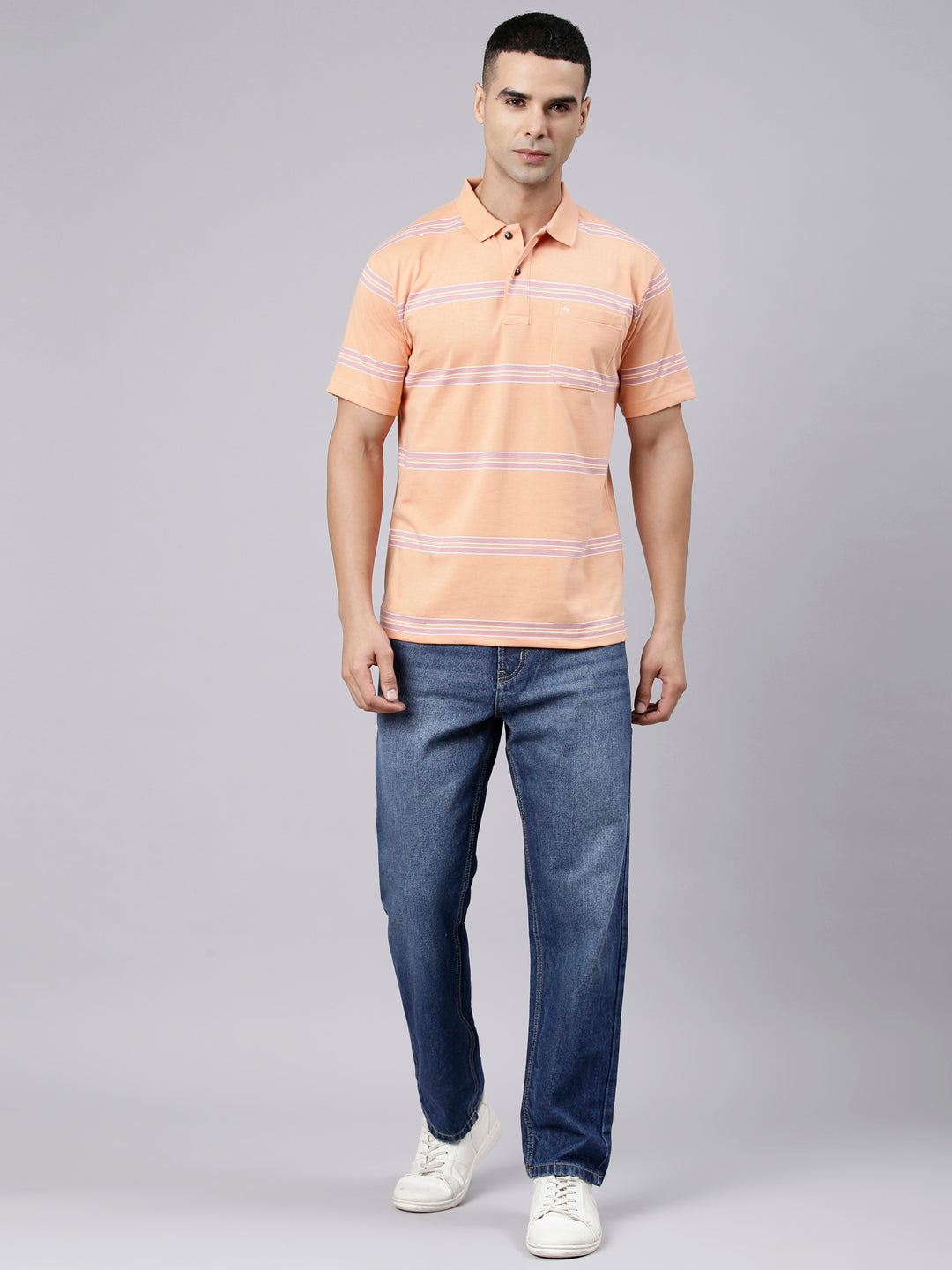 Classic Polo Men's Half Sleeve Light Orange Polo Neck Authentic Fit Striped Cotton Blend T-Shirt | AVON - 657 B AF P